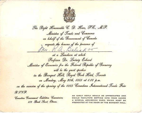 Приглашение министра торговли и коммерции Канады на торжественный обед в честь министра экономики ФРГ Людвига Эрхарда 30 мая 1955 года на имя Ростислава Аполлосовича Белякова.