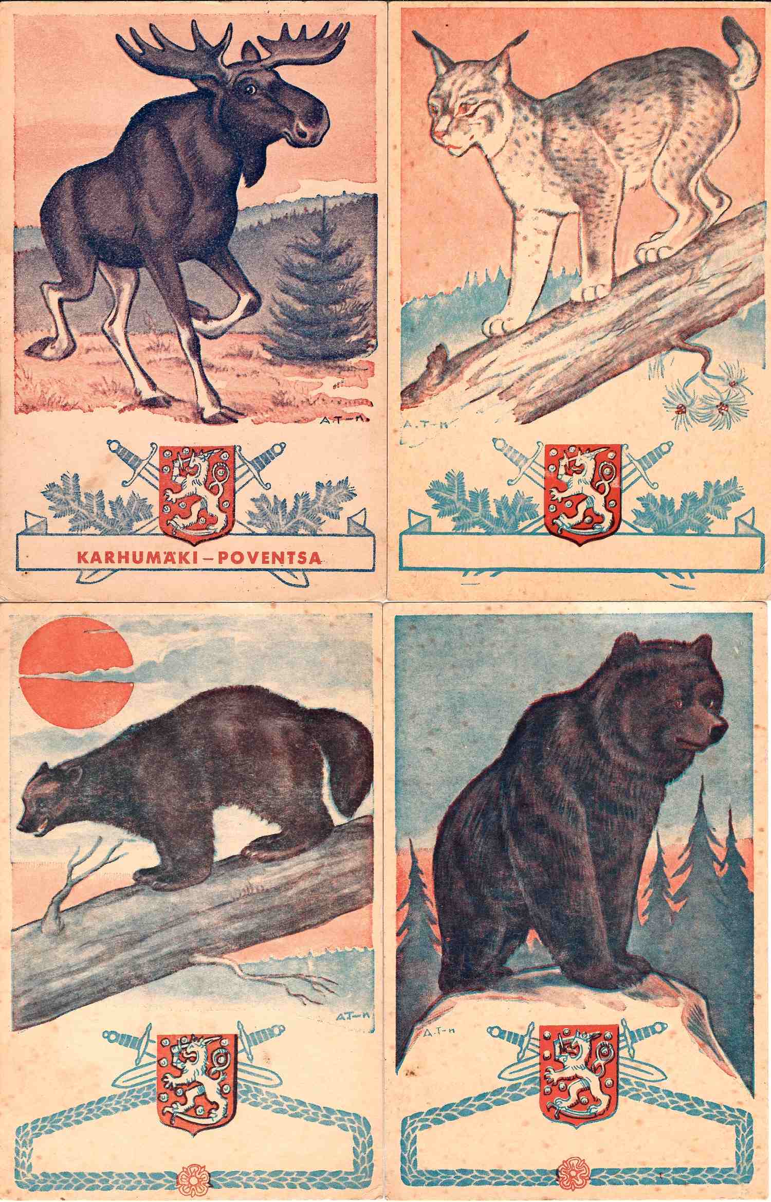 Финляндия. 5 открыток «Звери». 1940-е годы.