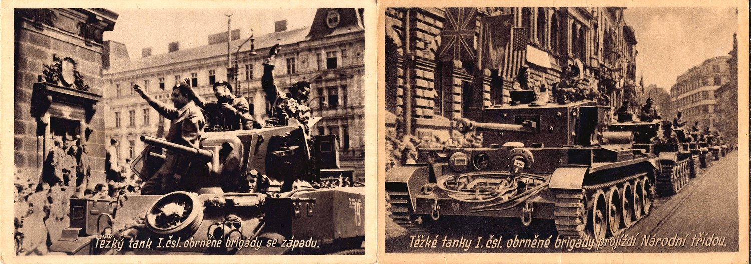 2 открытки «Танки 1-й отдельной чехословацкой танковой бригады на улицах освобождённой Праги». Чехословакия, 1945.