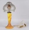 (Даум Нанси). Лампа в стиле ар-нуво с стеклянным  абажуром с изображением девушек с гирляндами цветов. <br>Франция, фирма Даум Нанси (Daum Nancy), первая треть ХХ века.