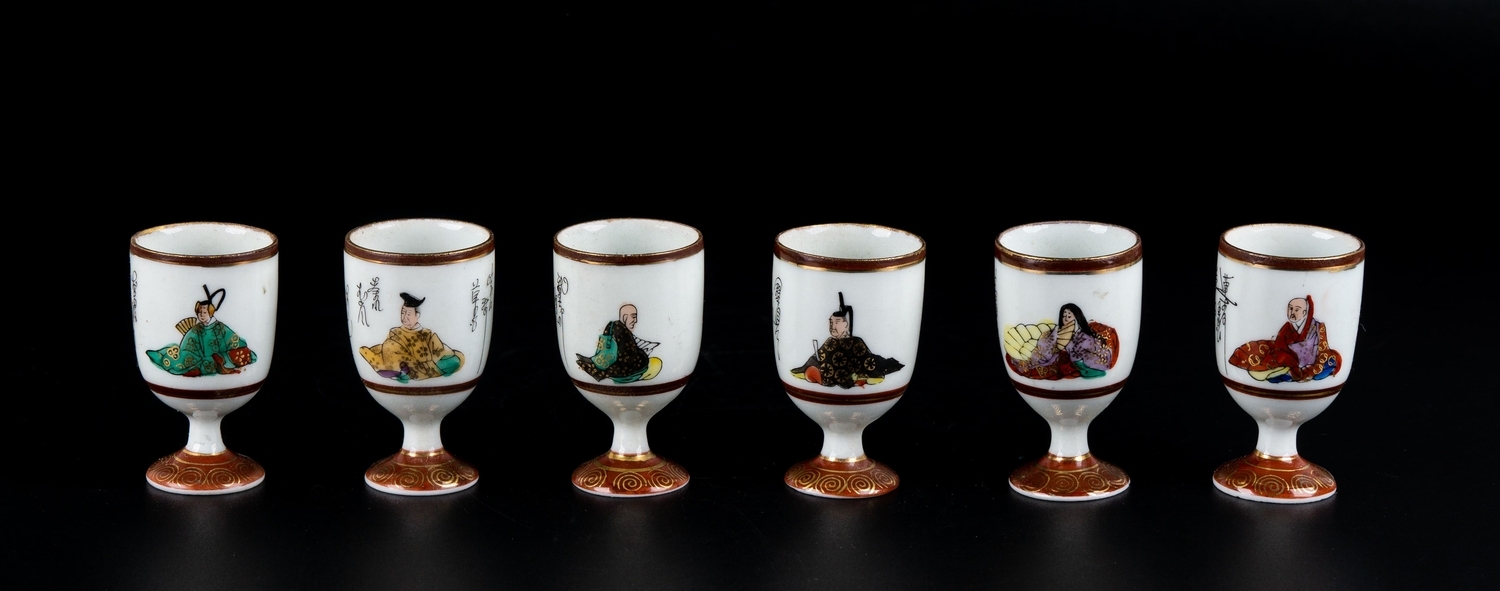Шесть стопок для сакэ с изображением национальных типажей. Япония, вторая треть ХХ века.