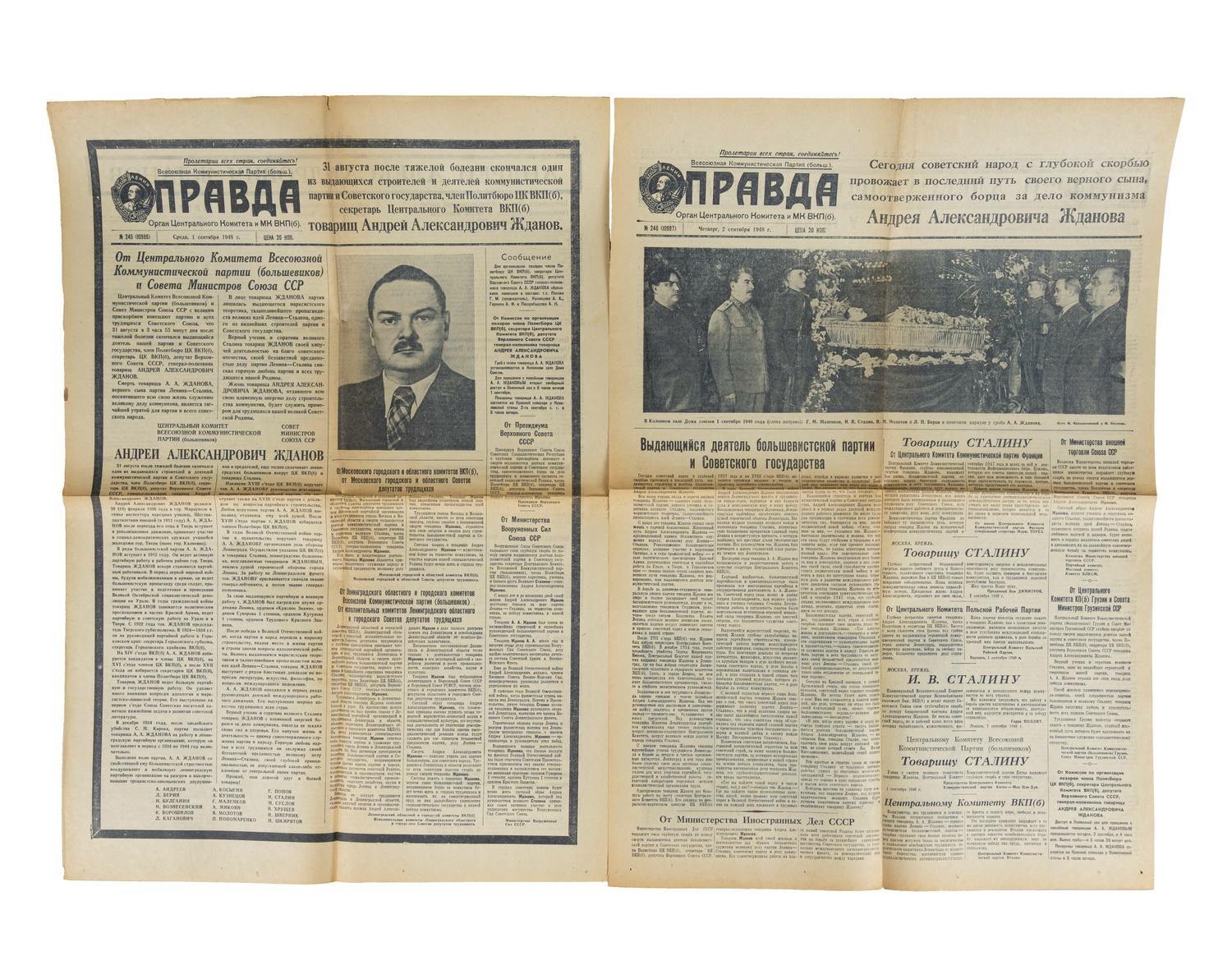 2 номера газеты «Правда» с передовицами, посвящёнными Андрею Александровичу Жданову. 1948.
