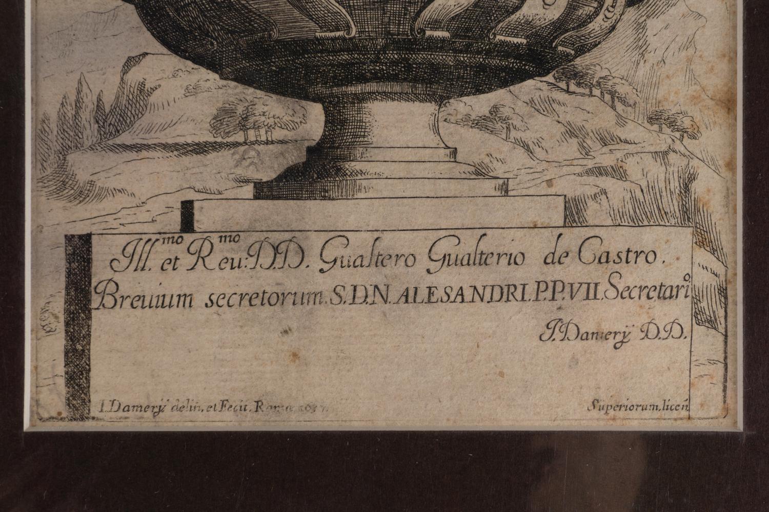 Дамери Ж. (J. Damery). Гравюра «Архитектурная ваза в античном стиле». Морские Божества. Италия, Рим, 1657.