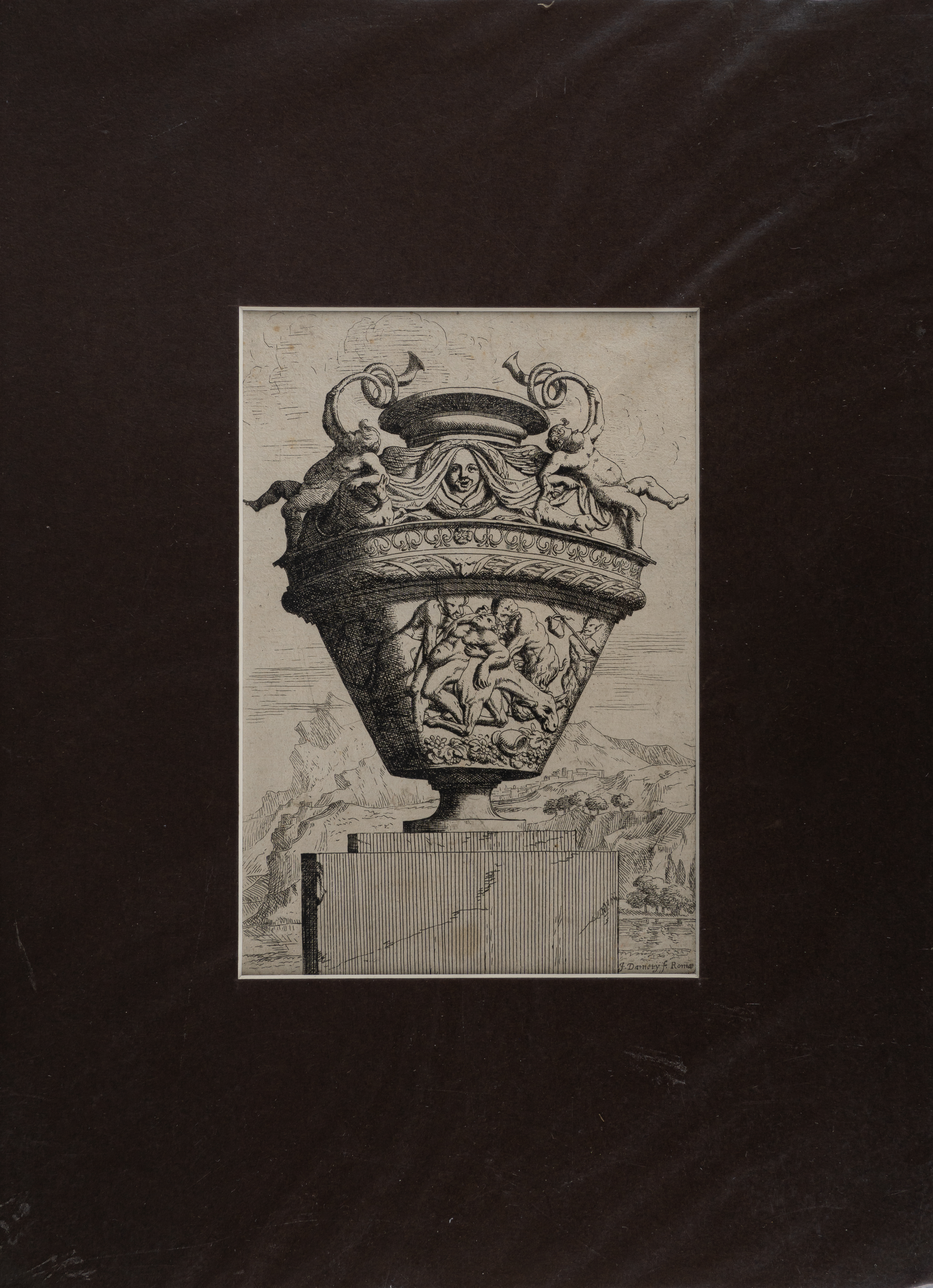 Дамери Ж. (J. Damery). Гравюра «Архитектурная ваза в античном стиле». Сатиры. Италия, Рим, 1657.