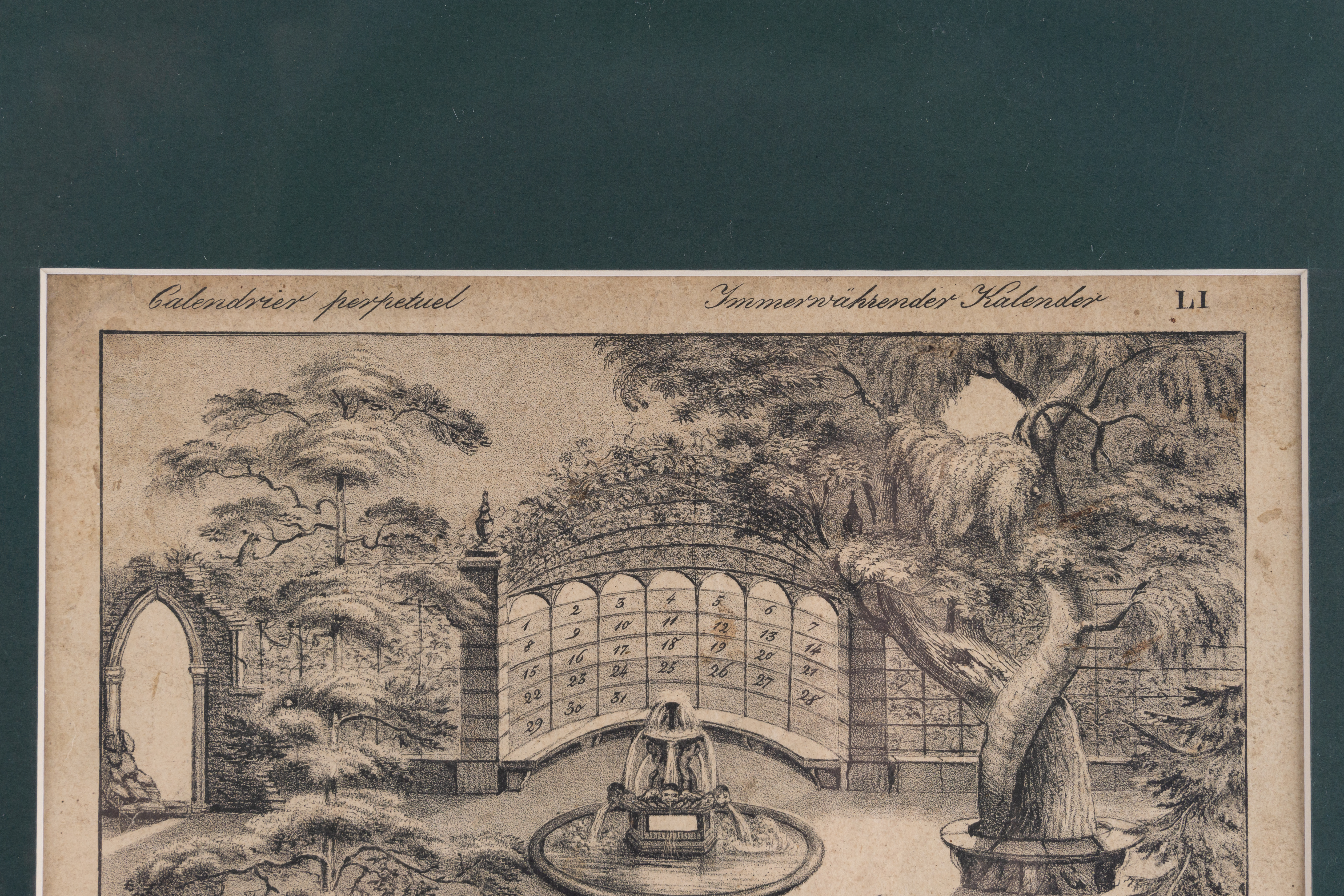 Гравюра «Трельяж парка. Вечный календарь». Франция, Париж, 1834.