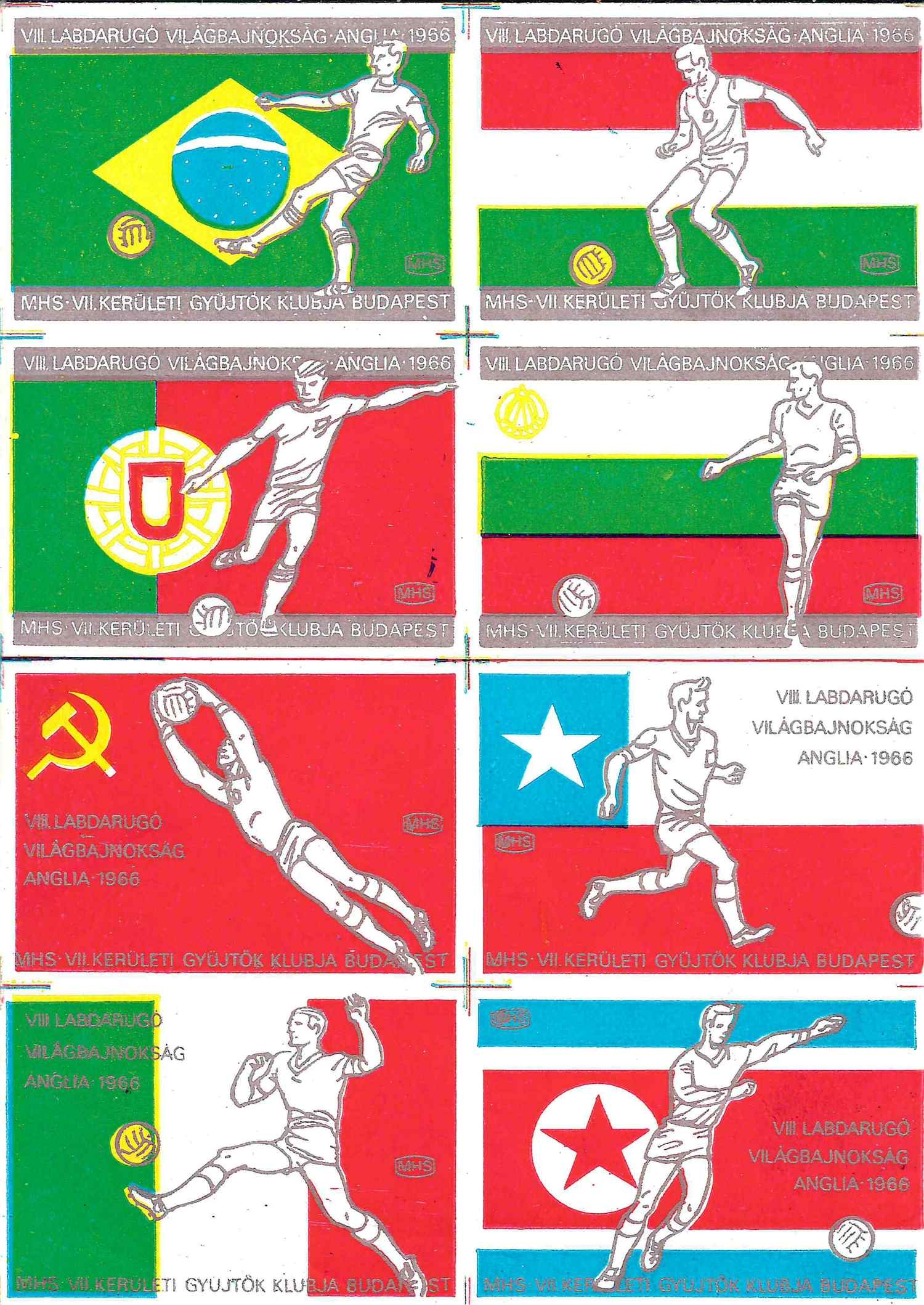 Блок (16 спичечных этикеток) «Чемпионат мира по футболу в Англии». Венгрия, 1966.