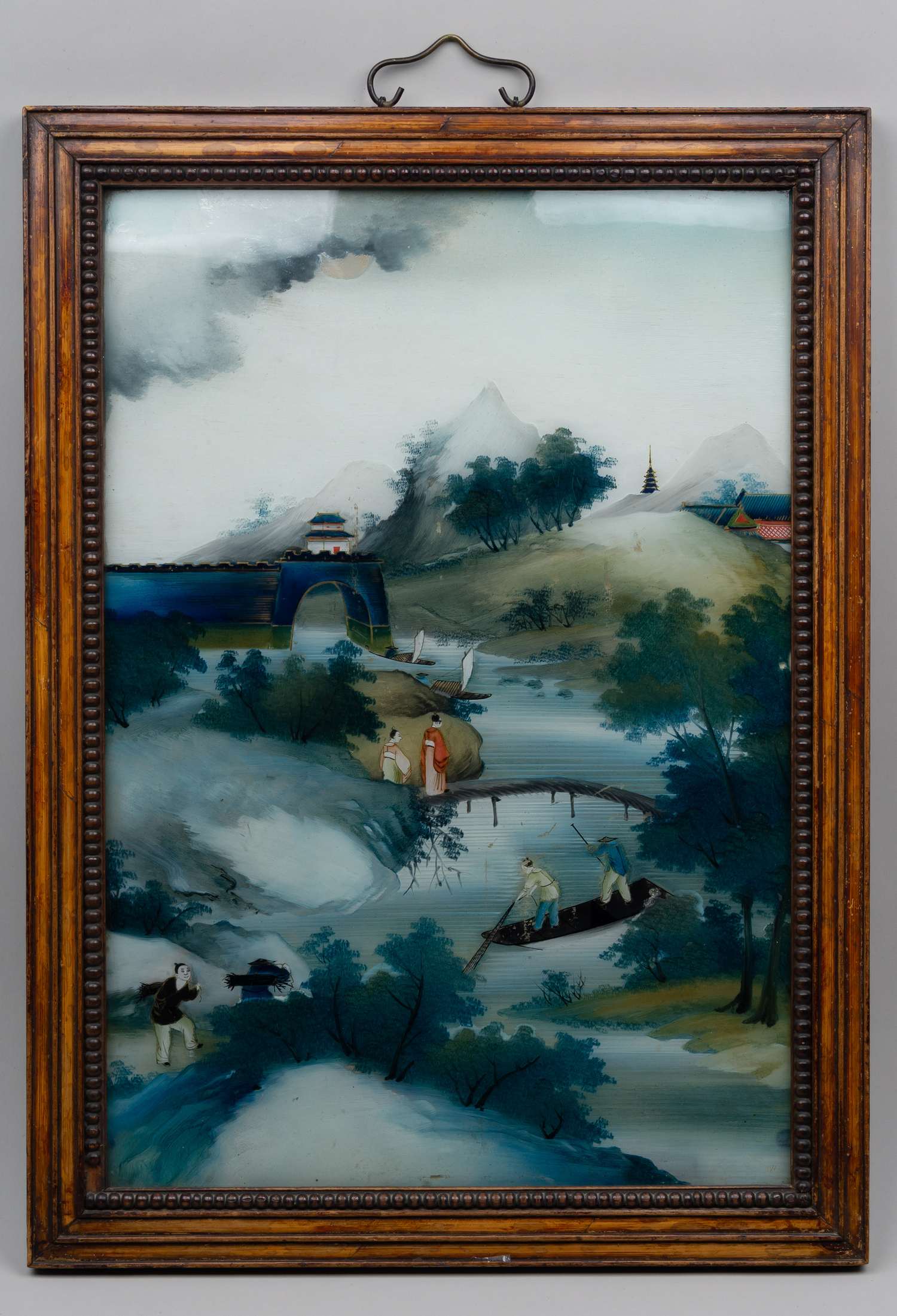(Период династии Цин) Картина на стекле «Горный пейзаж». <br>Китай, конец XIX века.