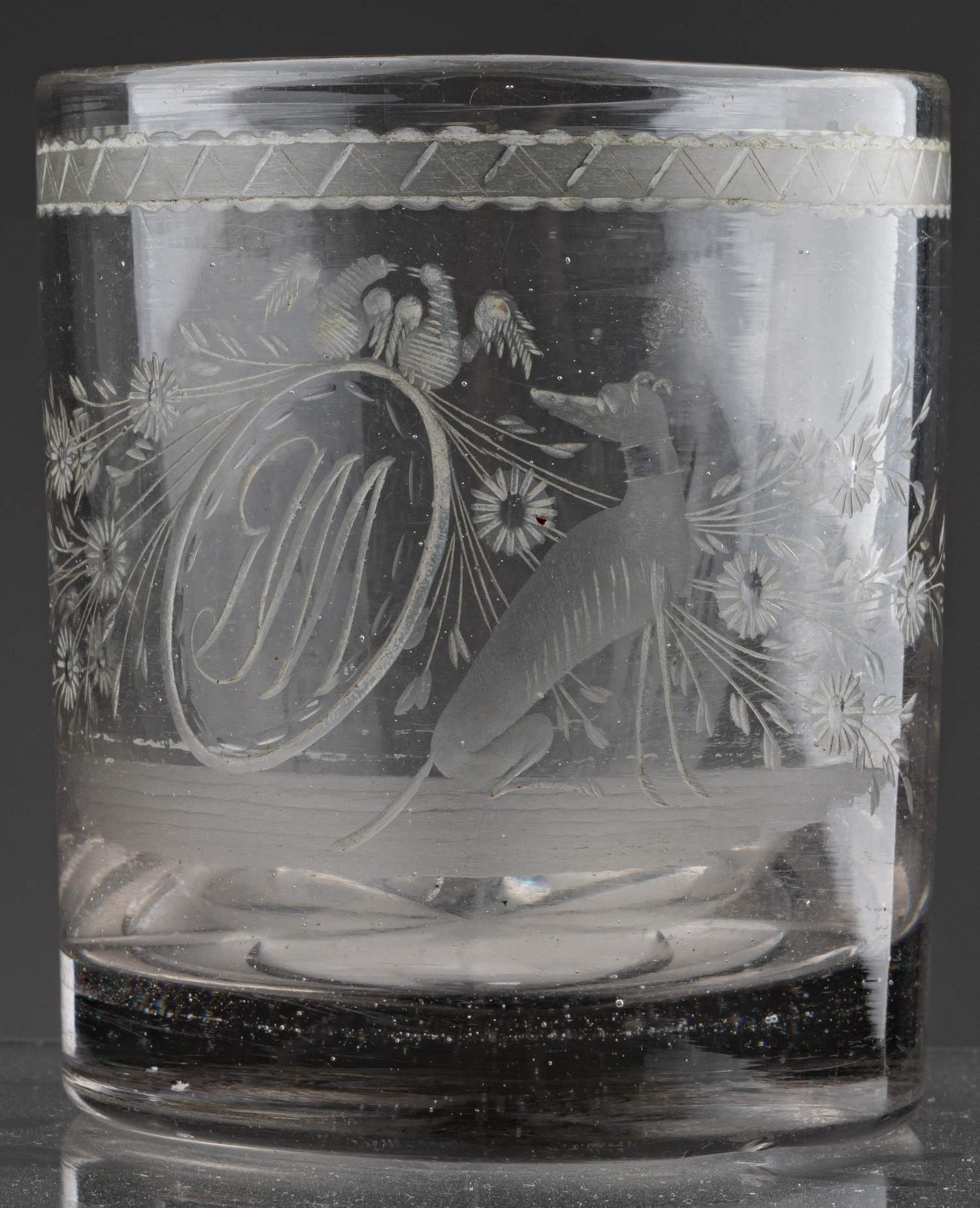 (Русский ампир, музейное значение) Подстаканник в стиле ампир с стаканом с монограммой «ЯМ».<br>Россия, Санкт- Петербург, 1820-30-е годы.