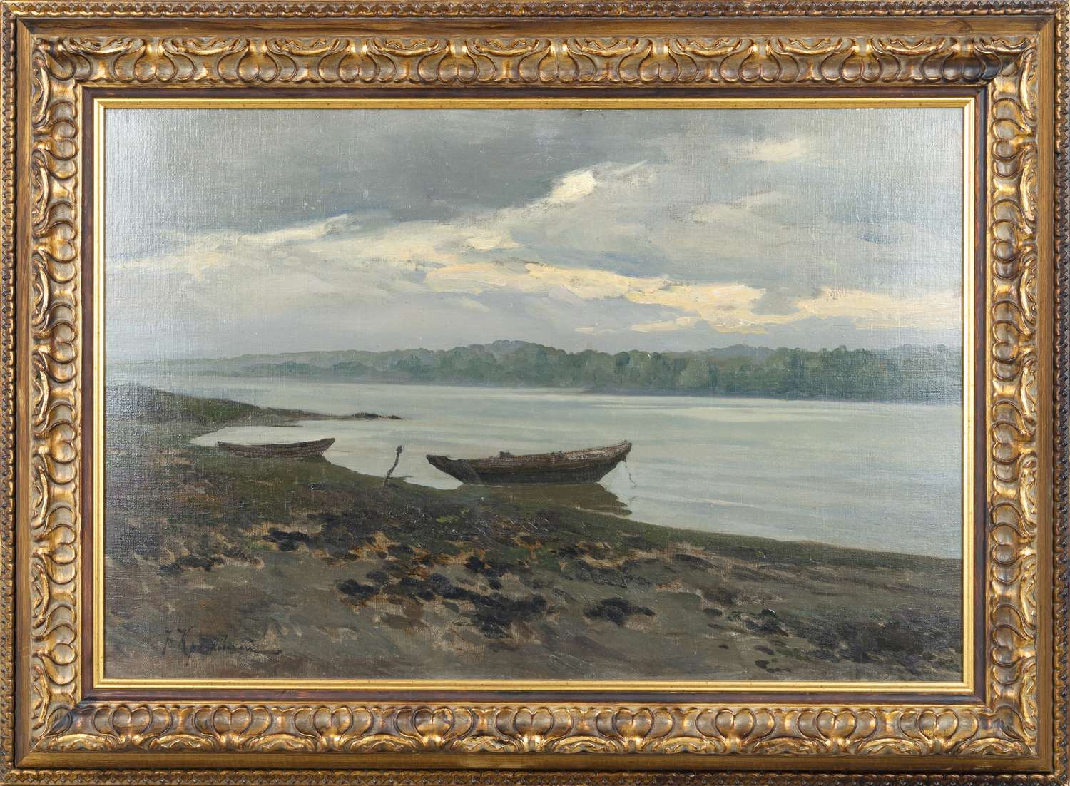 Крачковский Иосиф Евстафьевич.<br>Пейзаж с рекой и лодками. 1890-е годы.