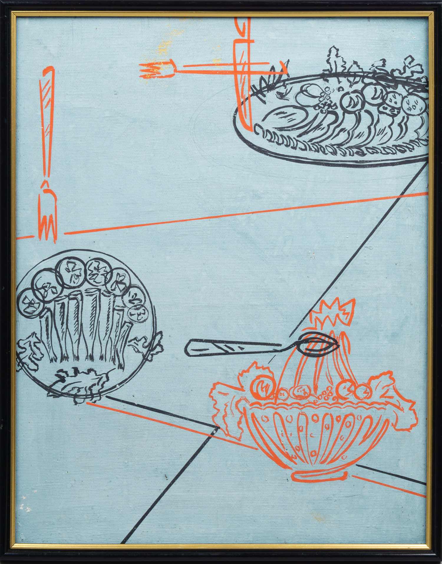 Неизвестный художник. Натюрморт кухонный с салатом и мясом. 1980-е годы.