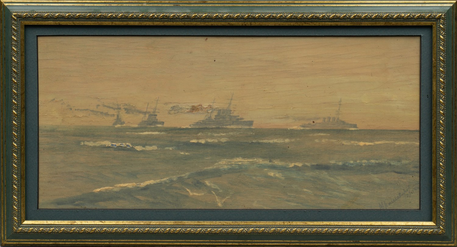 Неизвестный художник (Кашеваров по подписи). Корабли в море. 1935.