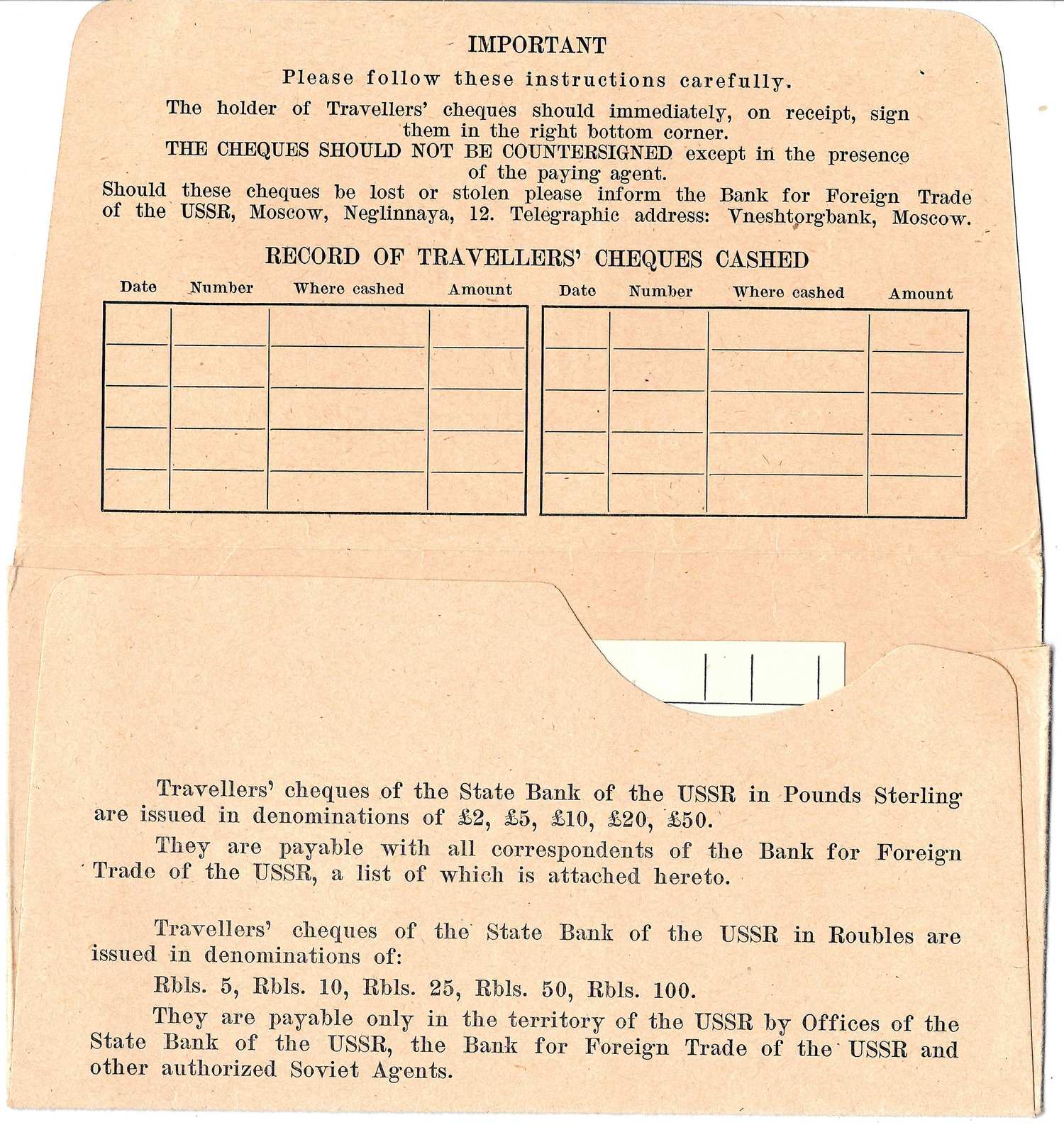 Конверт для хранения дорожных чеков Государственного банка СССР. 1960-е годы.