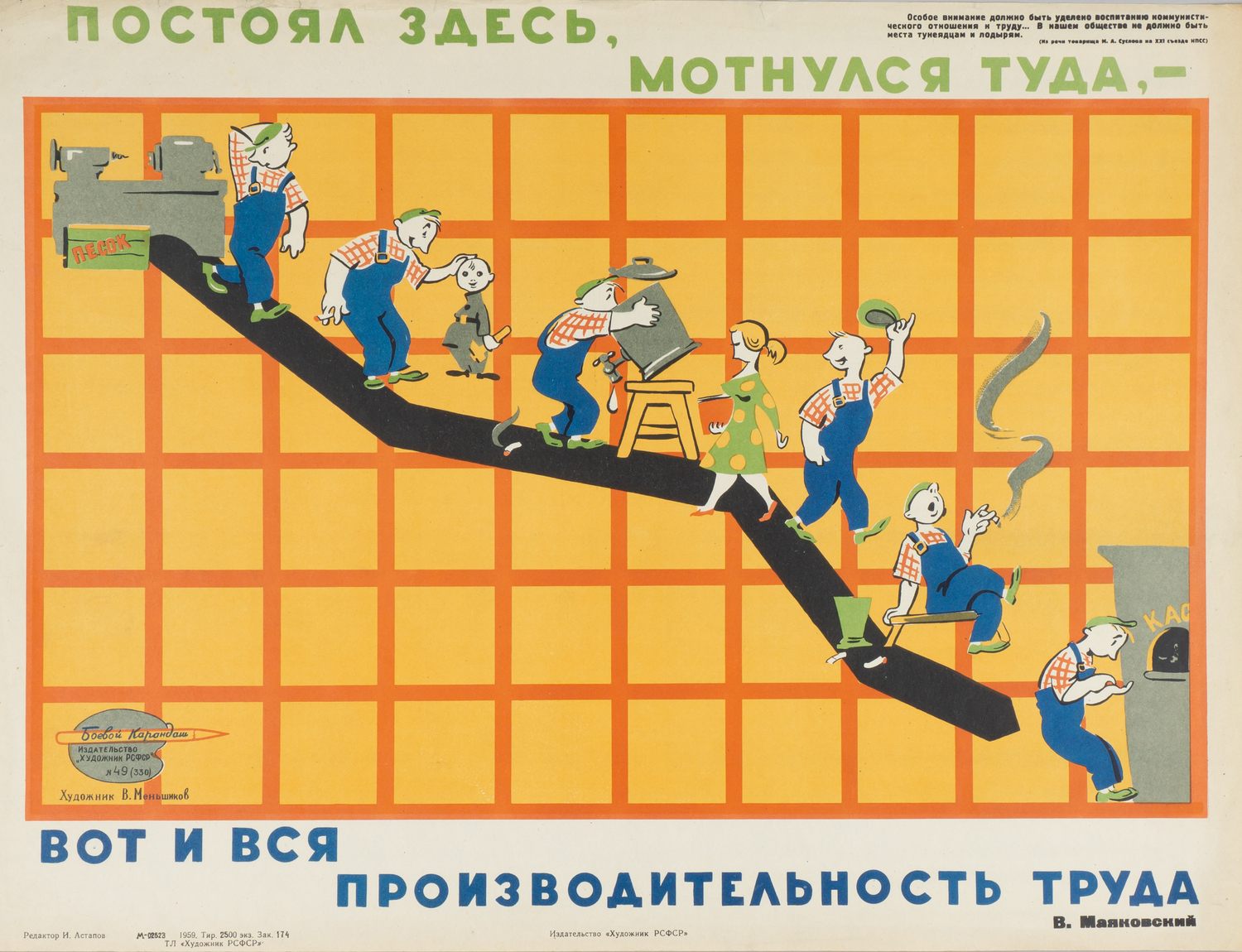 («Боевой карандаш») Меньшиков В.М. Плакат «Постоял здесь, мотнулся туда…» (Л., 1959).