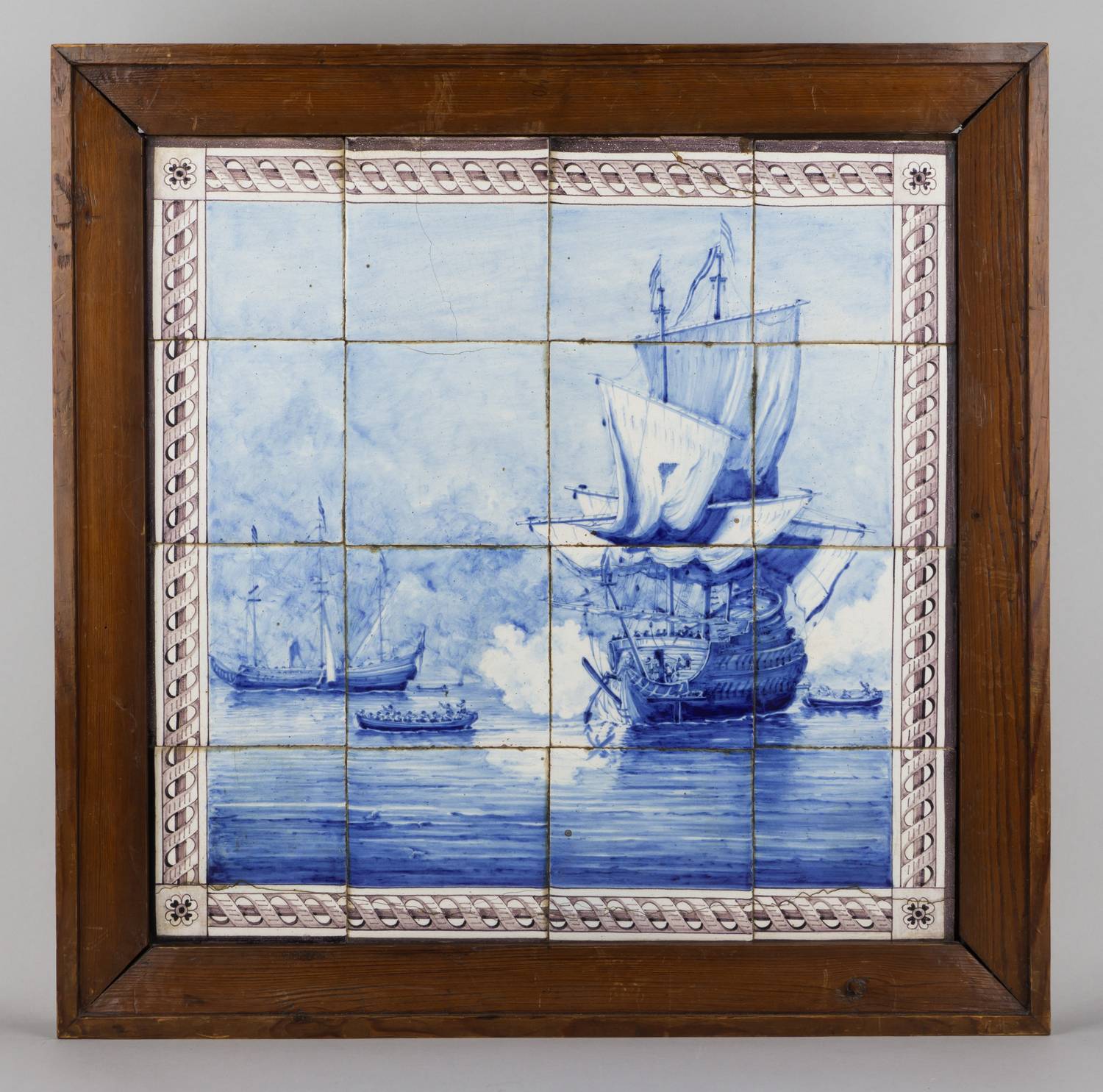 Панно из изразцов изображением парусников на море.<br>Голландия, конец XIX века.