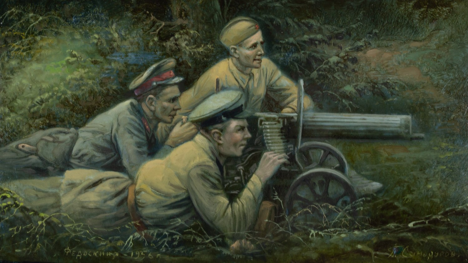 (Федоскино) Шкатулка  «Красноармейцы- пулеметчики».  СССР, Федоскино, художник   Б. Самодуров, 1956 год.