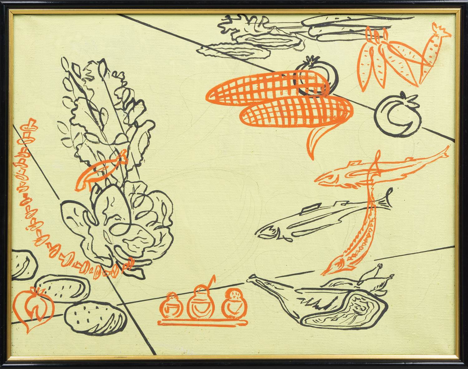 Неизвестный художник. Натюрморт кухонный с овощами, рыбой и мясом. 1980-е годы.