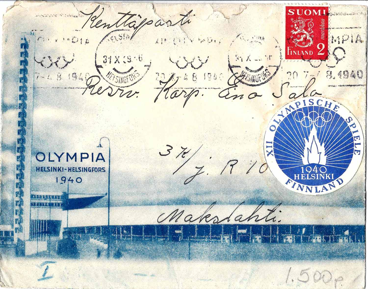 Финляндия. Иллюстрированный конверт «Олимпиада в Хельсинки». 1940.