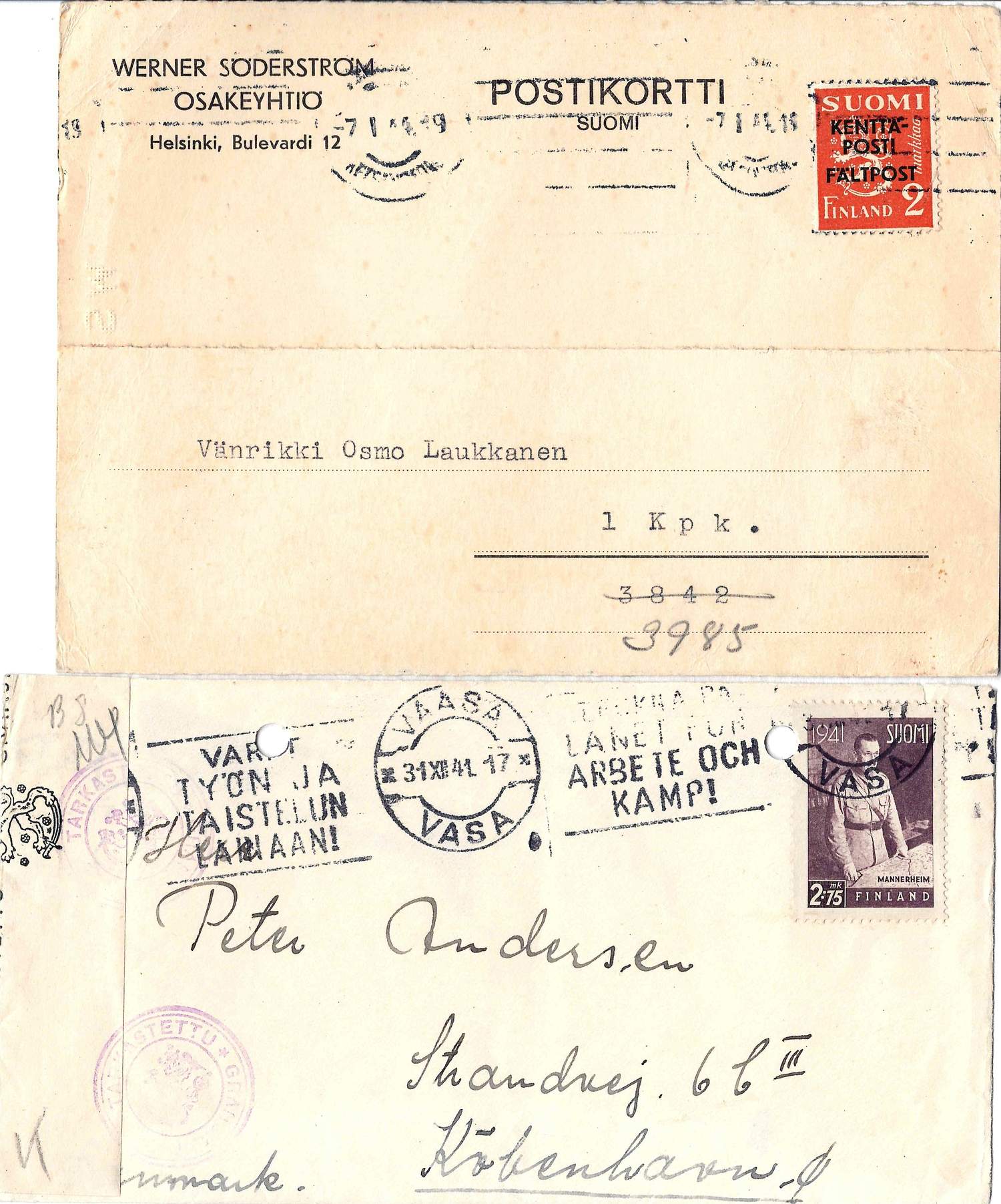 Финляндия. Конверт письма и почтовая карточка. 1940-е годы.