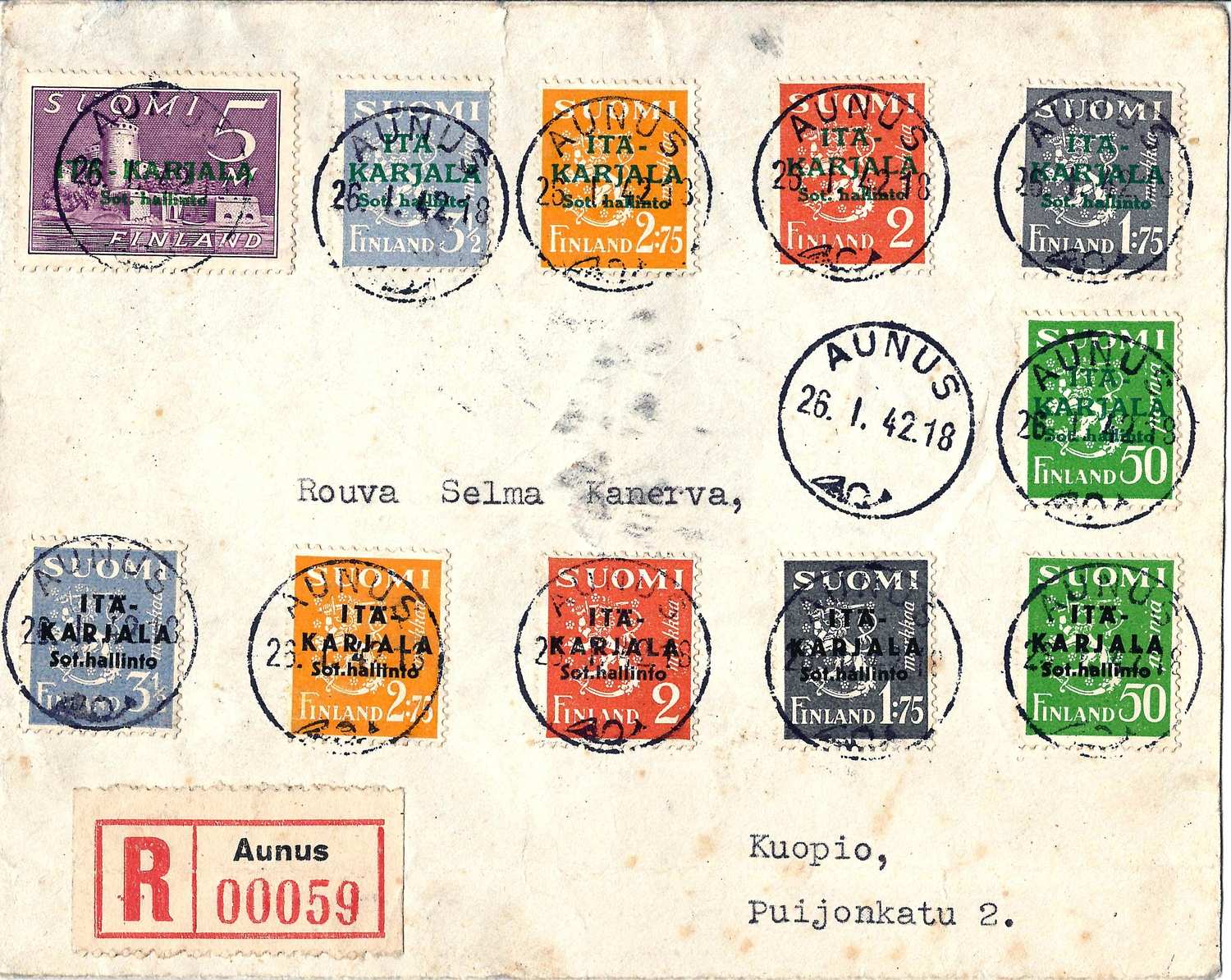 Восточная Карелия. Финская оккупация. Конверт, франкированный одиннадцатью марками первого выпуска с надпечатками на марках Финляндии и прошедший почту из Олонца в Куопио в январе 1942 года.