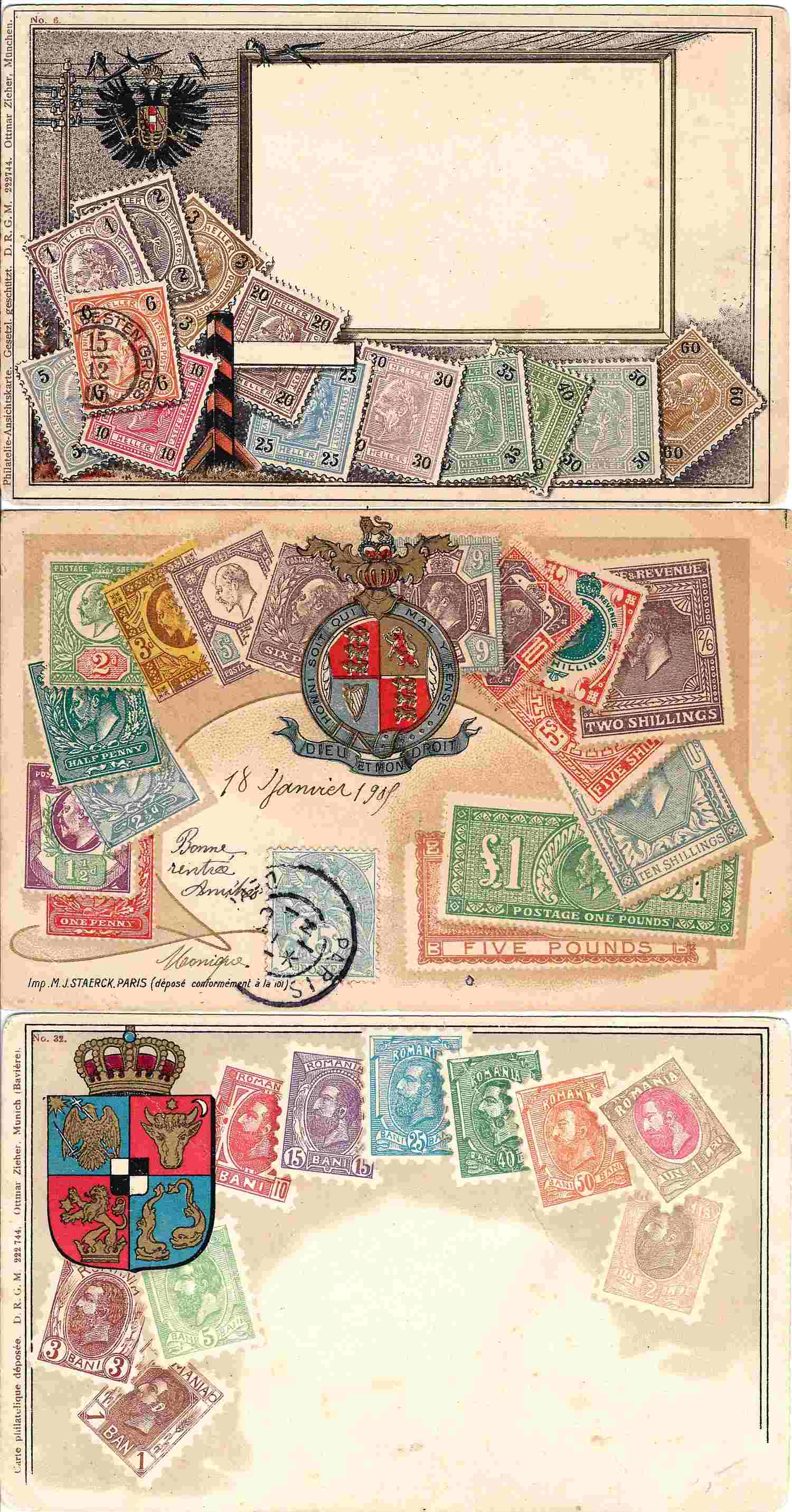 11 открыток «Марки». Зап. Европа, нач. XX века.