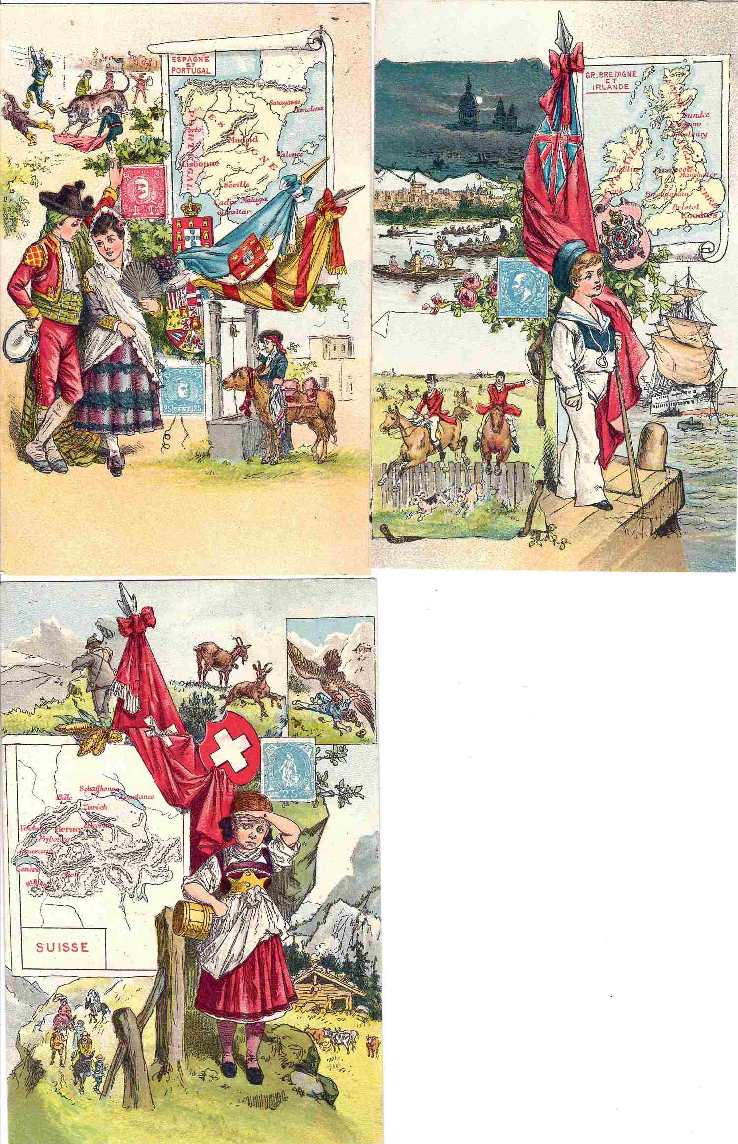 3 открытки «Карты и марки». Франция, нач. XX века.