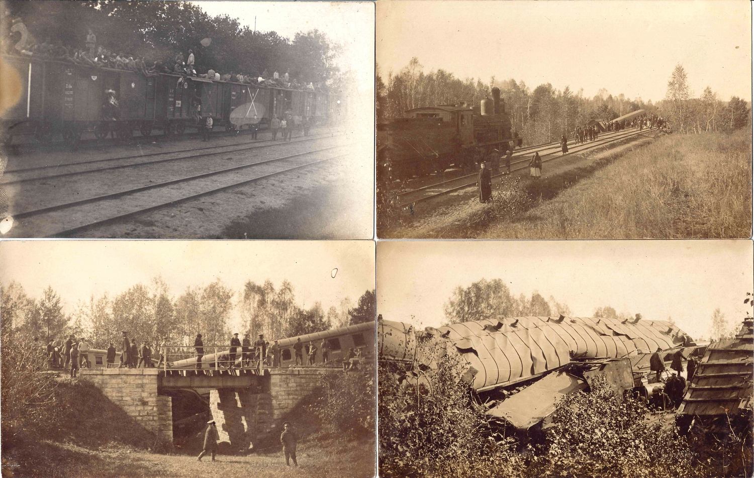 4 фотографии (на бланке открытки) «Поезд»,  «Крушение поезда». 1910-е годы.