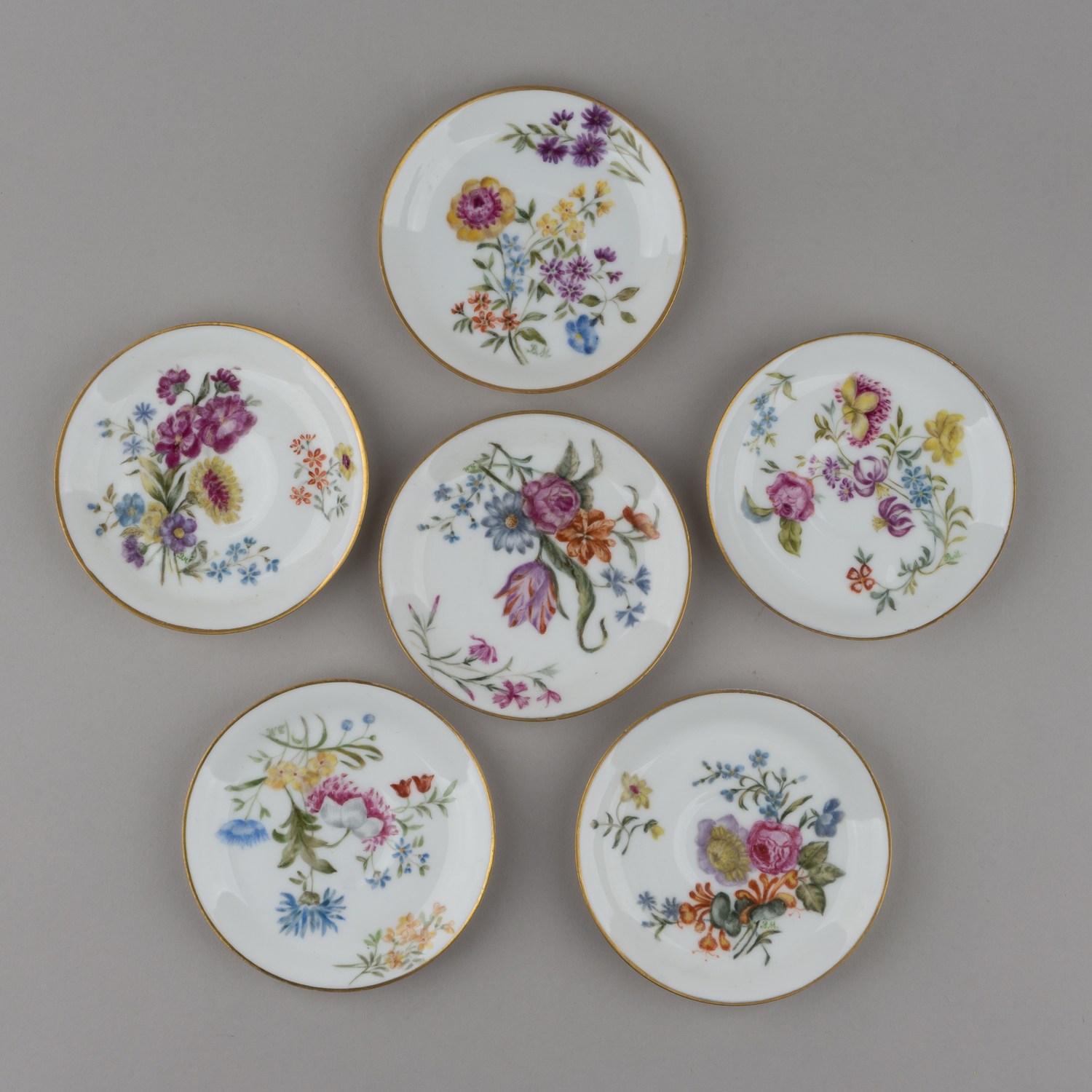 Шесть кофейных пар «Садовые цветы», Франция, Лимож, «JEAN POUYAT» Limoges, France», начало XX века.