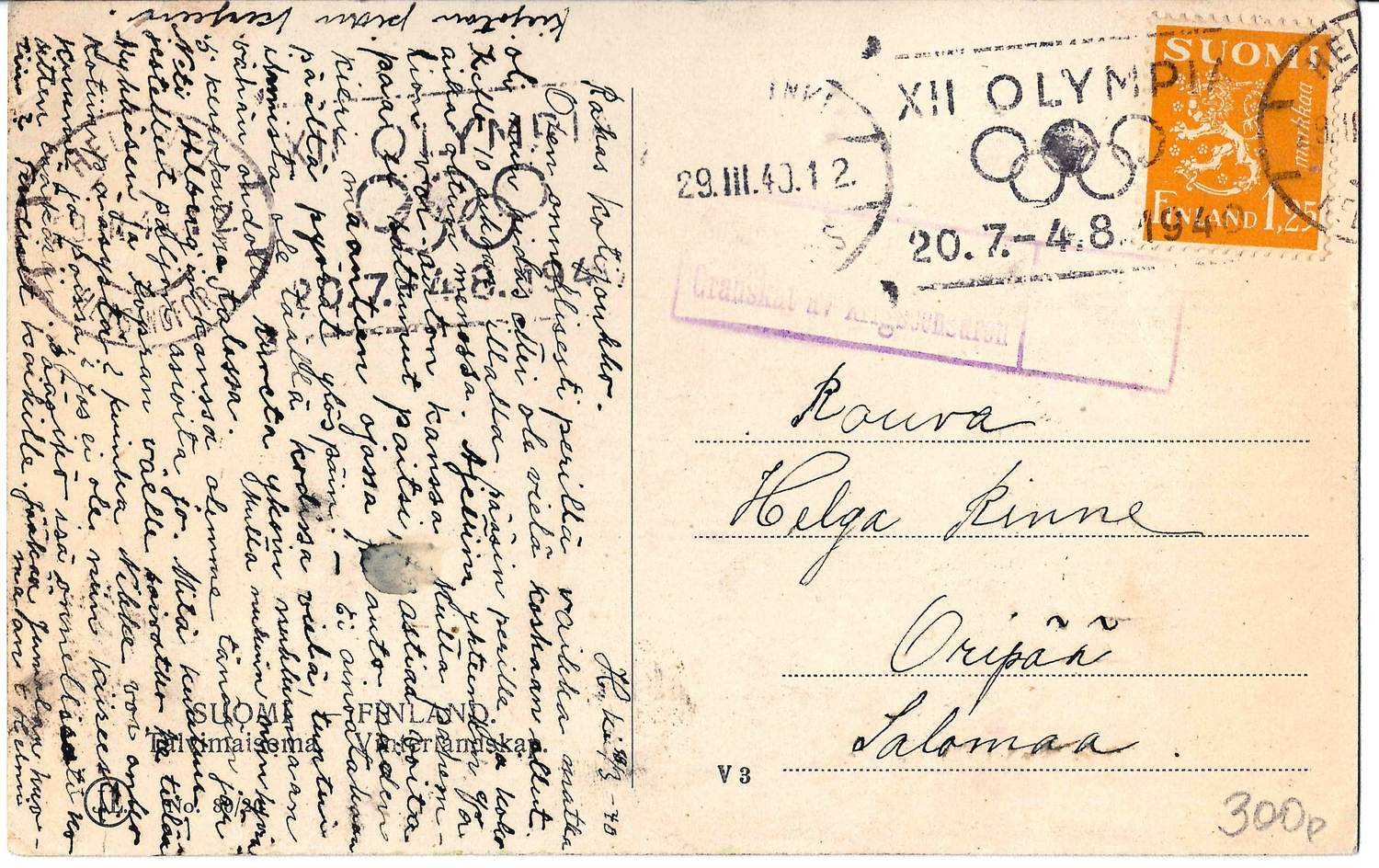 Финляндия. Почтовая карточка с виньеткой «XII Олимпийские игры. Хельсинки. Финляндия. 1940», прошедшая почту (отправлено из Хельсинки 29 марта 1940 года, специальное гашение «XII Olympia»).