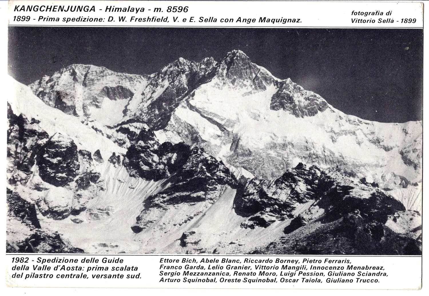Открытка, посвящённая восхождению итальянской экспедиции на гору Канченджанга. 1982. Автографы альпинистов.