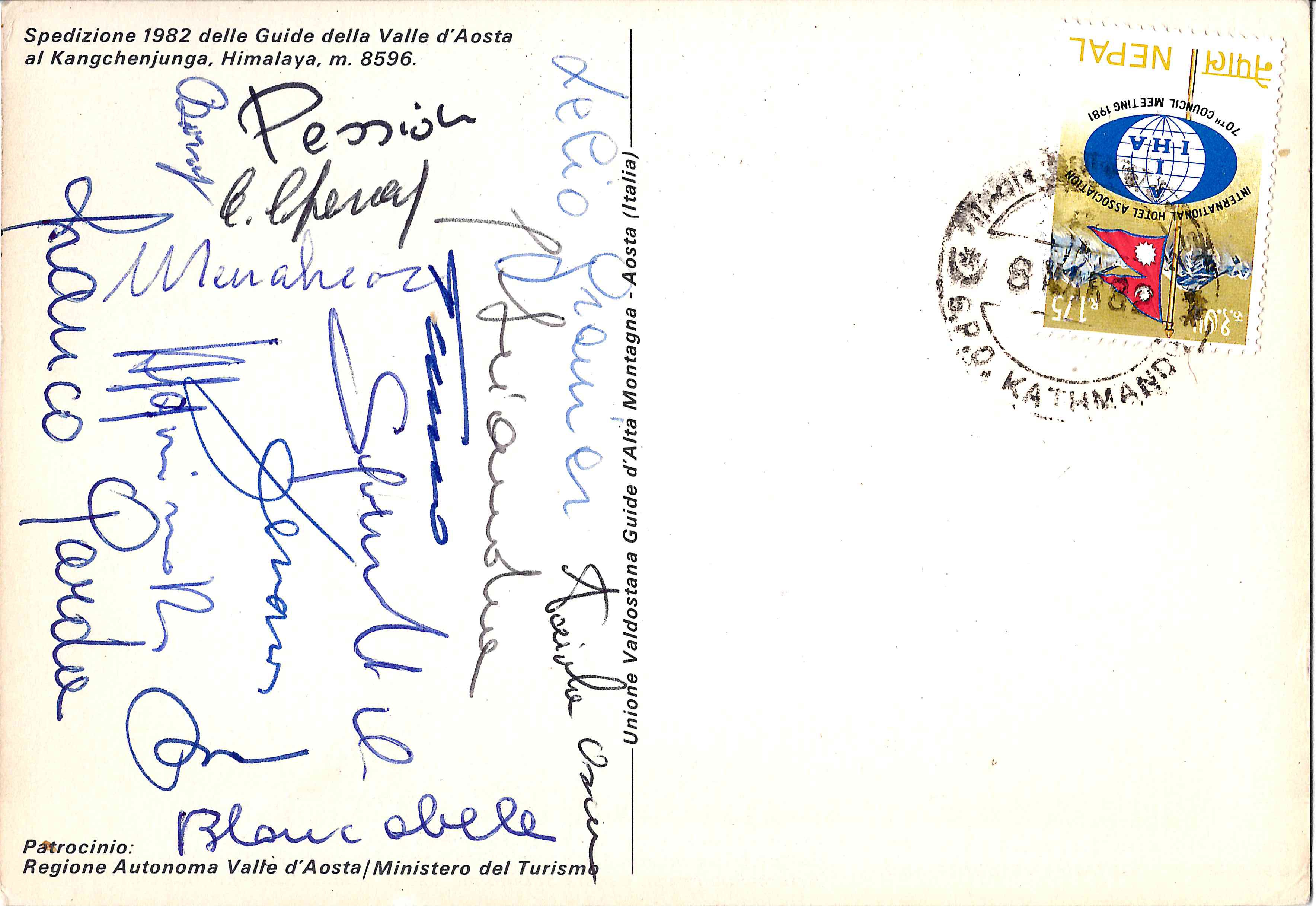 Открытка, посвящённая восхождению итальянской экспедиции на гору Канченджанга. 1982. Автографы альпинистов.