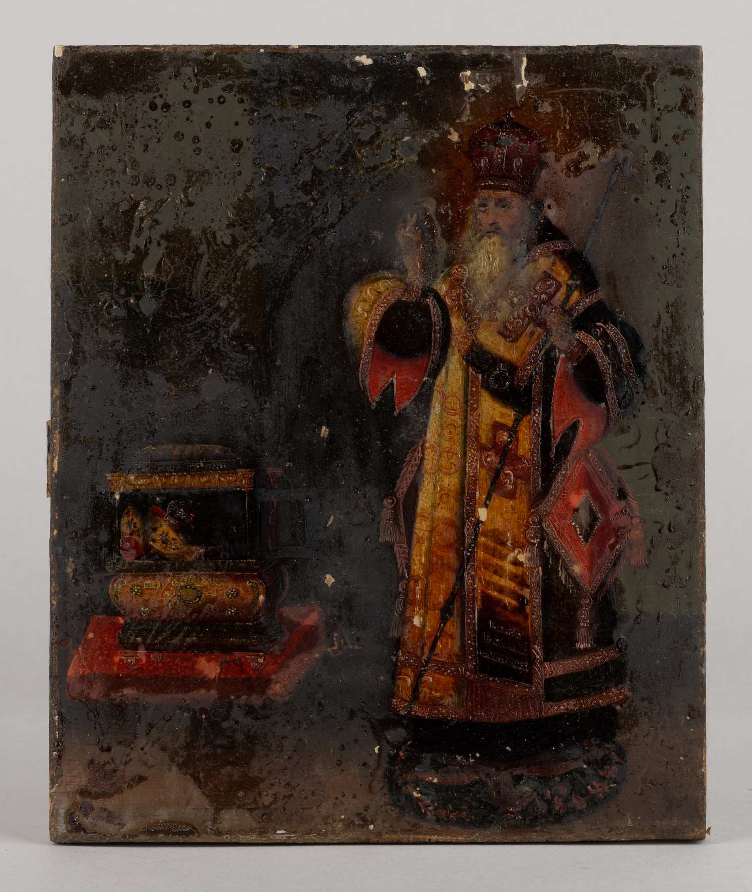 (Русское золотное шитье) Икона «Святитель Афанасий Цареградский» в старинном киоте.<br>Россия, XIX век.