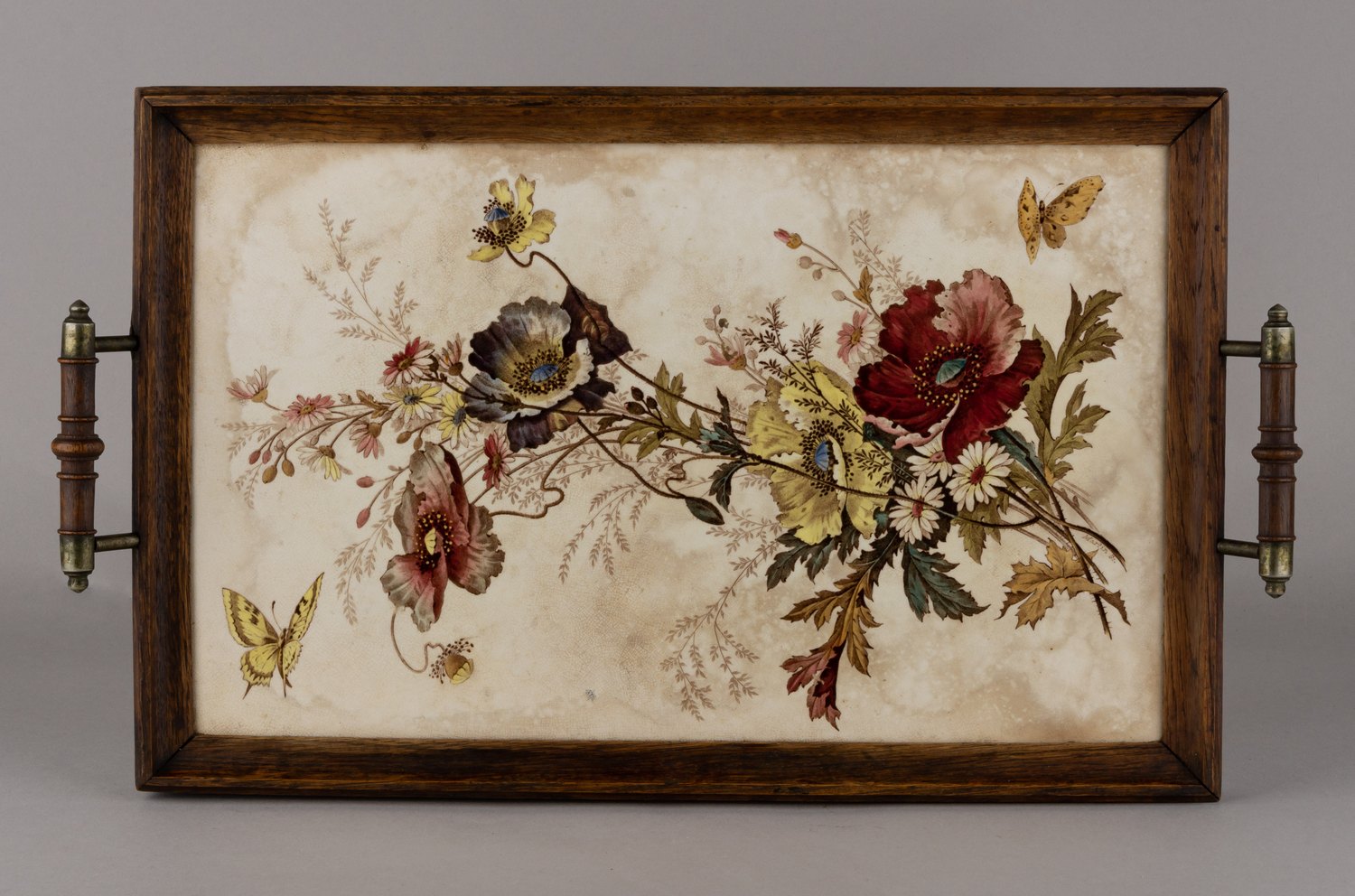 (Villeroy&Boch) Поднос  с изображением  бабочек и цветов.<br>Германия,  фирма Villeroy&Boch,   по гравюре Джона Мартина (Martin Sc), 1874-1900 годы.
