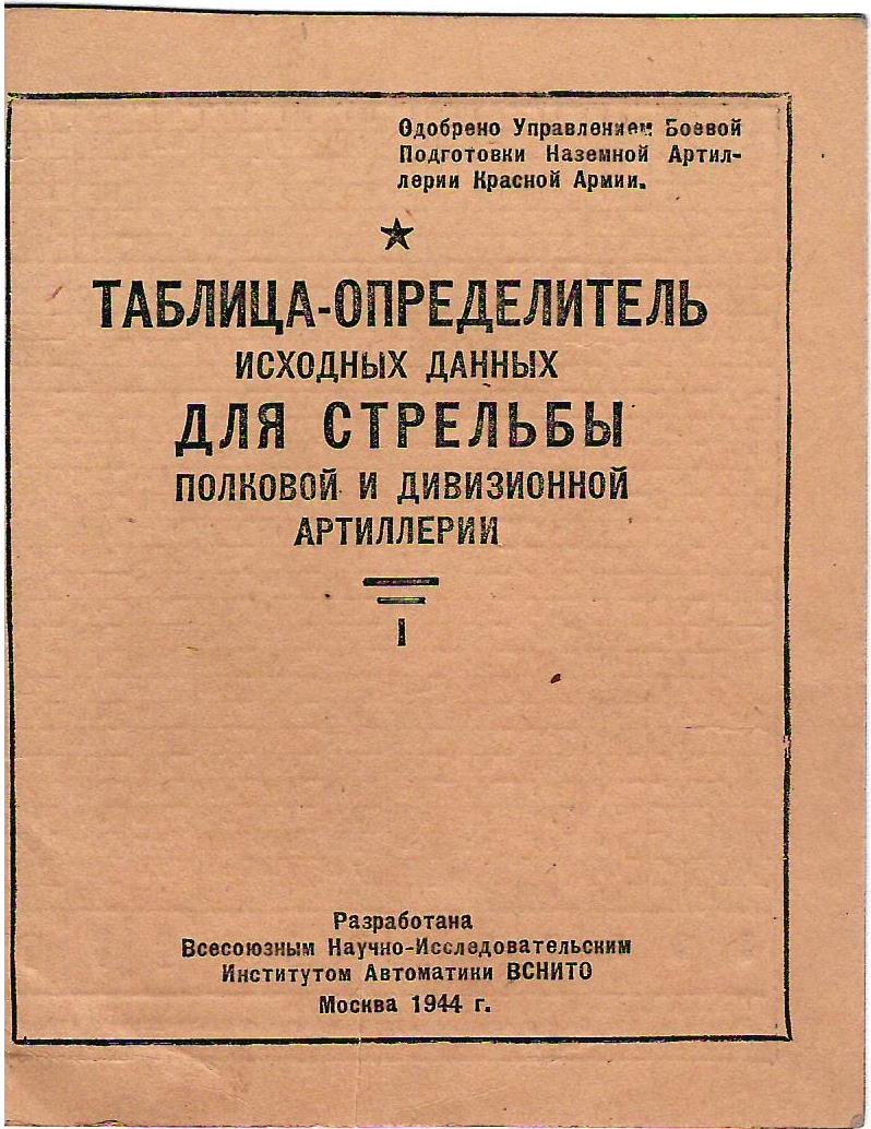 Таблица-определитель исходных данных для стрельбы полковой и дивизионной артиллерии (М., 1944).