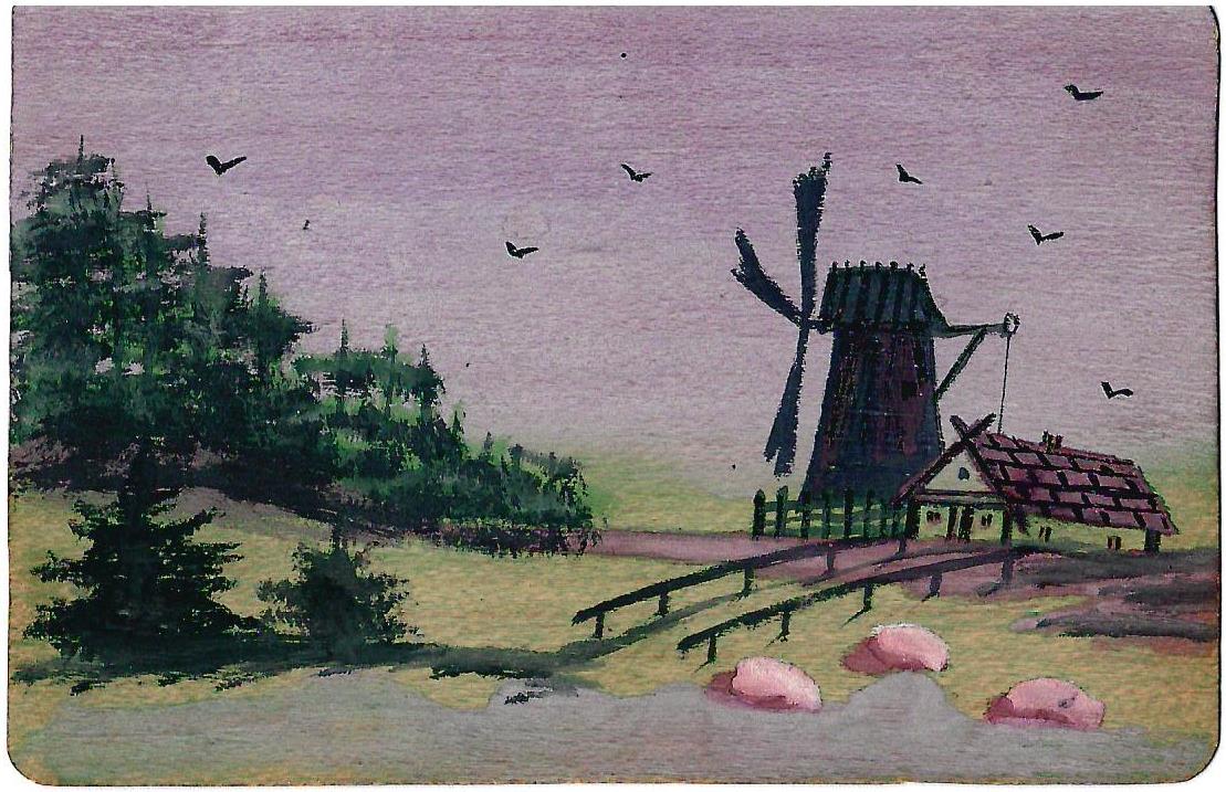 Рисованная открытка «Мельница». Начало XX века.