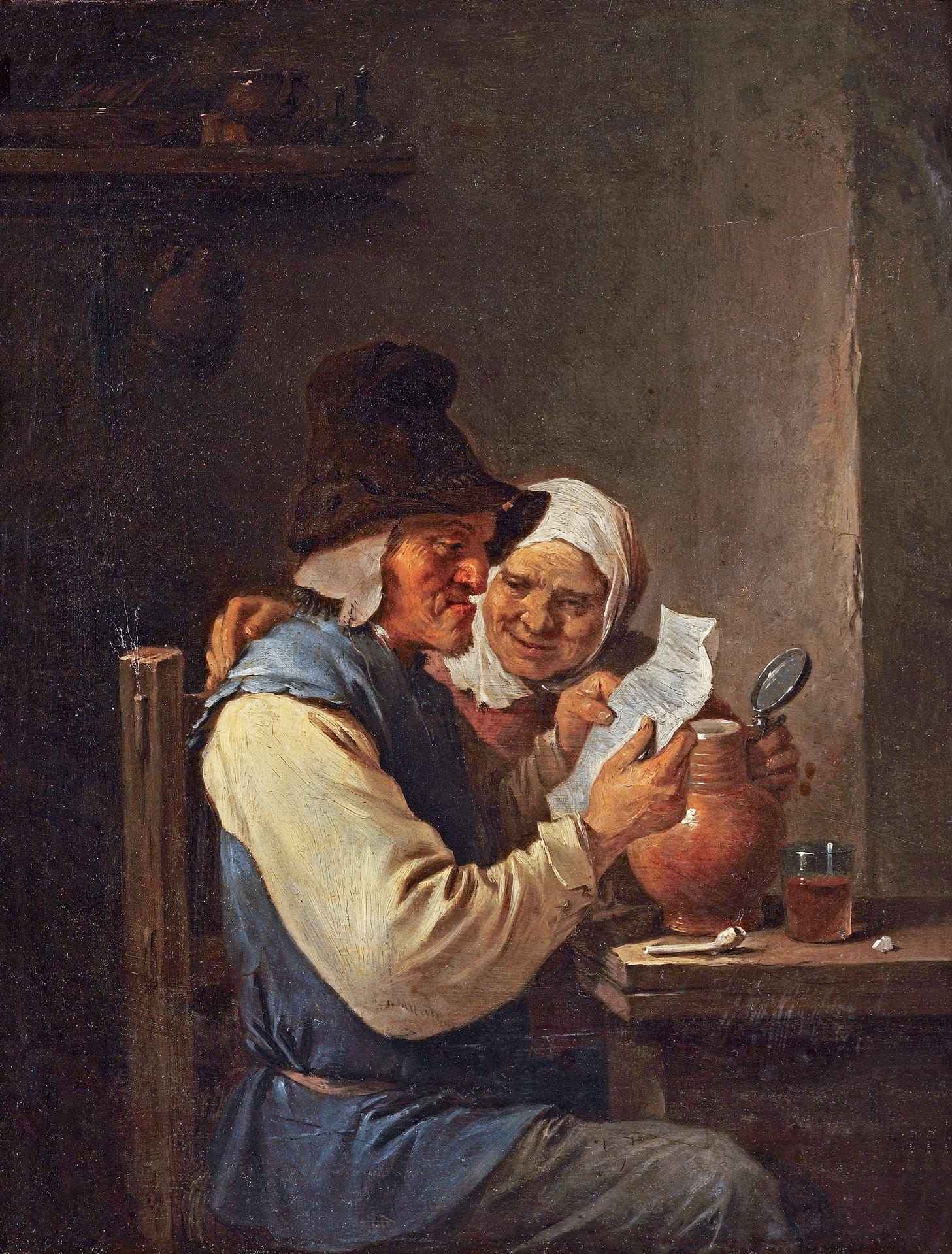 (Музейное значение. С экспертизой. Давид Тенирс Младший). Тарелка «Крестьянская пара, читающая письмо на кухне (аллегория зрения)». Россия, Императорский фарфоровый завод. Начало 1820-х годов.  <br>