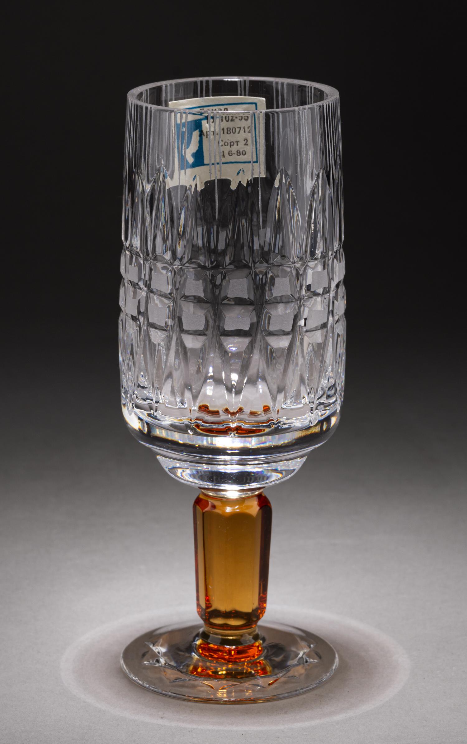 (С фирменной биркой) Шесть бокалов «Олимпиада 80». СССР, Гусь-Хрустальный, дизайнер - Станислав Верин, 1973-1980. В заводской упаковке.