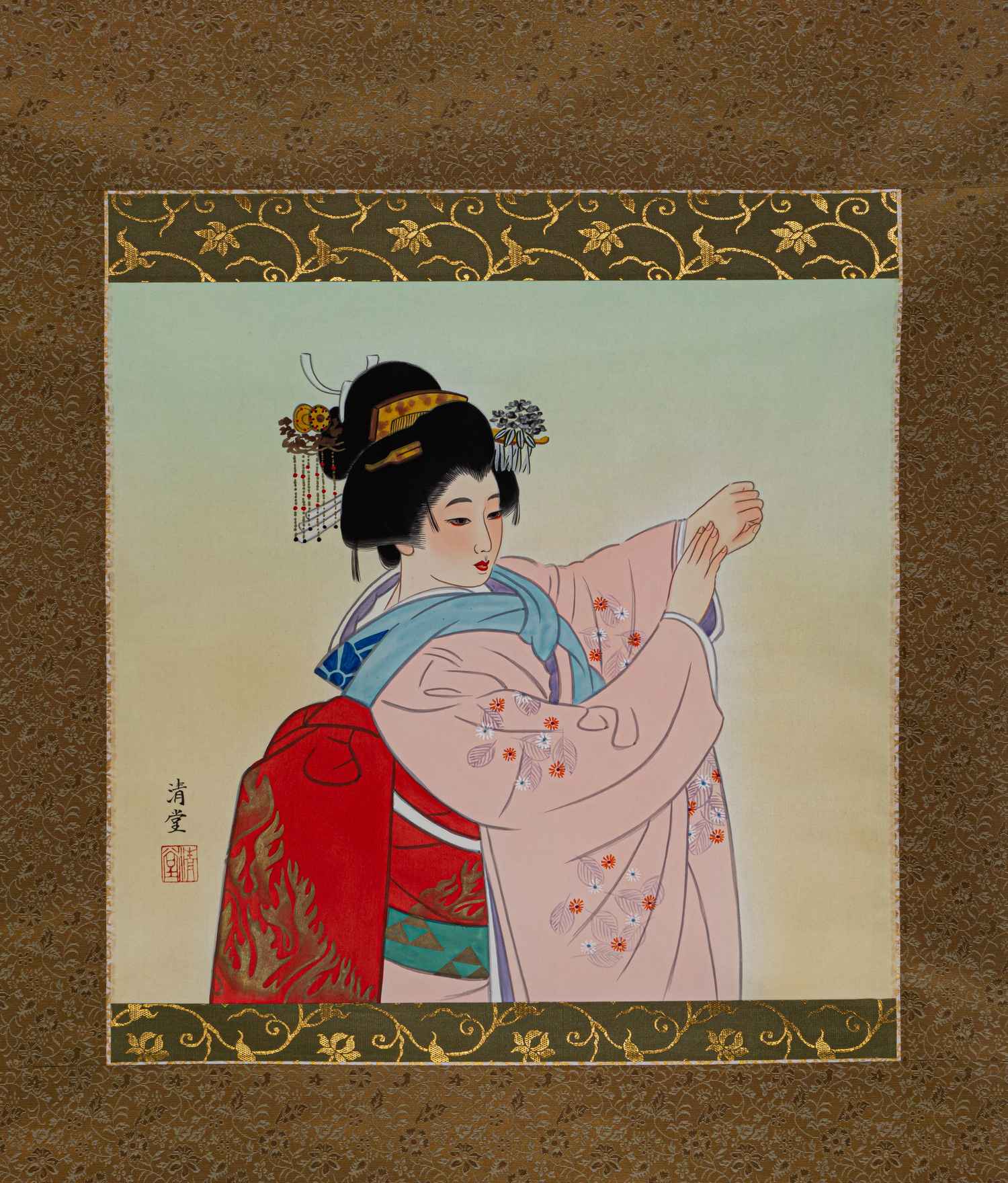 (С японским сертификатом) Свиток «Танцующая красавица». В оригинальном футляре.<br>Япония, художник – Накадзима Сэйдо, вторая половина XX века.