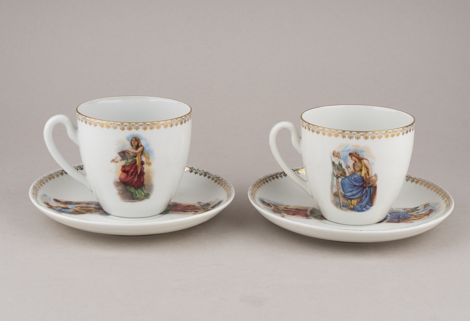 Две чайные пары с изображениями античных сюжетов. Германия. 1905-1920 годы.