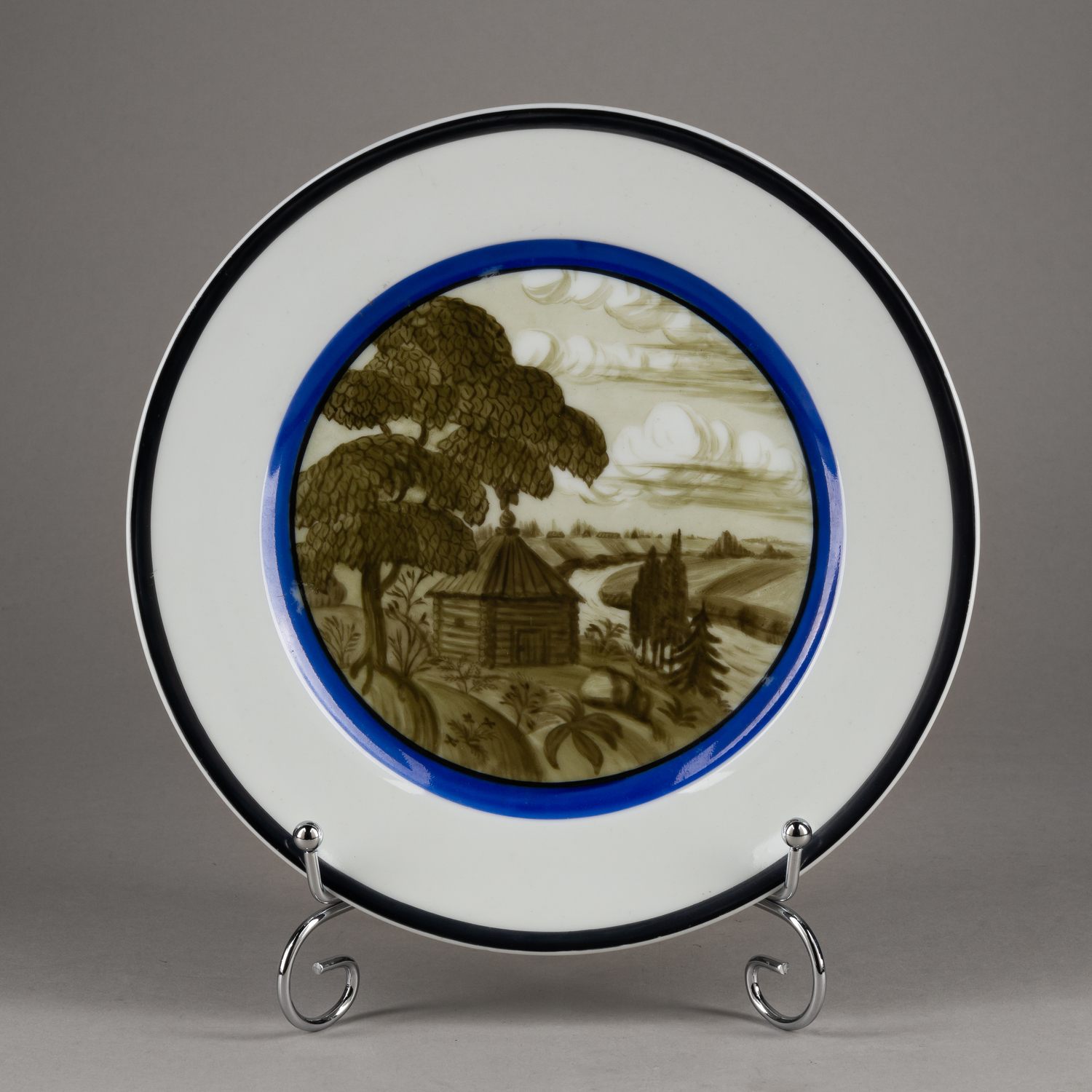 (ГФЗ) Тарелка с изображением русского пейзажа.  <br>Белье- Императорский Фарфоровый завод, 1913 год. Государственный фарфоровый завод, Н.С. Благовещенская-Васильянова, 1919.