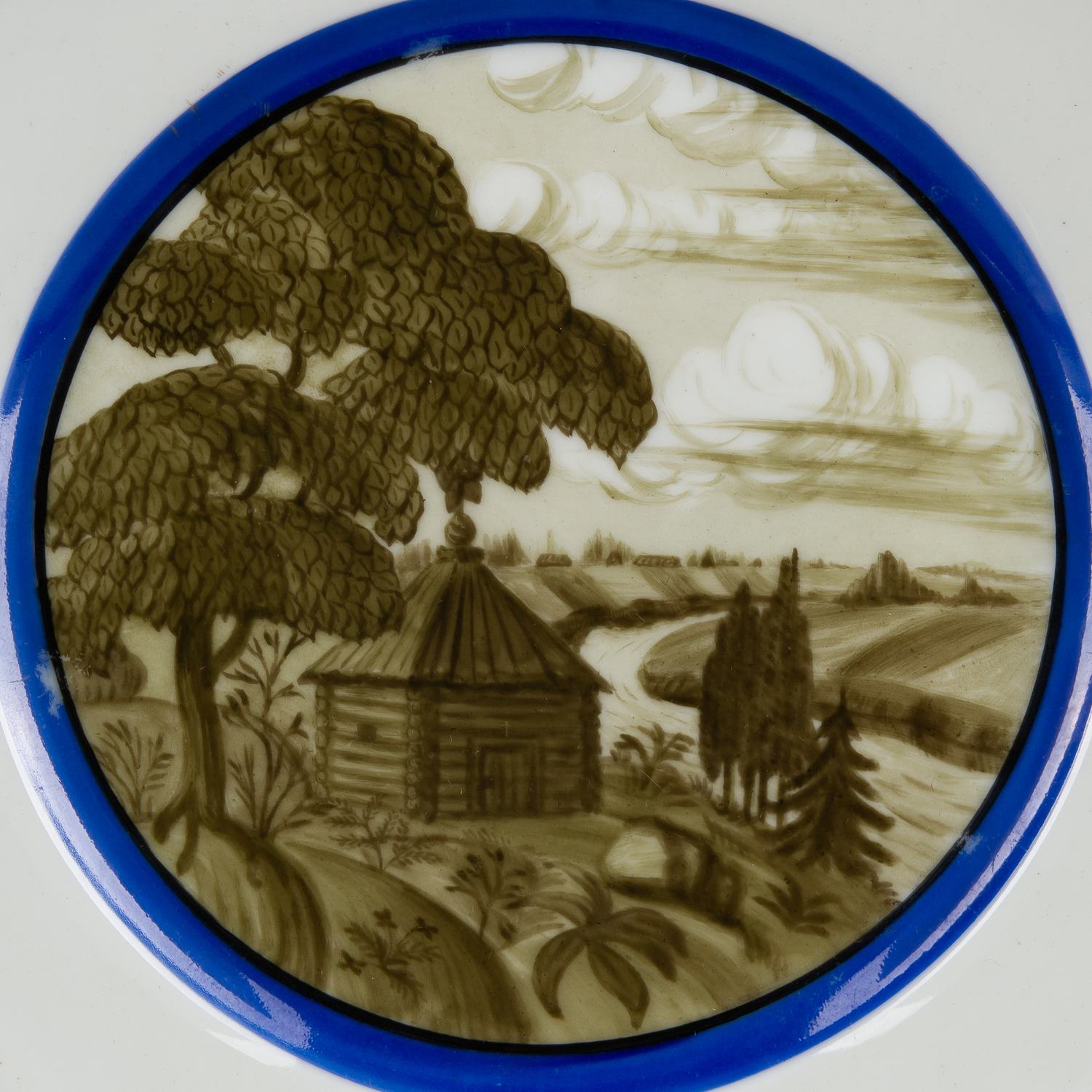 (ГФЗ) Тарелка с изображением русского пейзажа.  <br>Белье- Императорский Фарфоровый завод, 1913 год. Государственный фарфоровый завод, Н.С. Благовещенская-Васильянова, 1919.