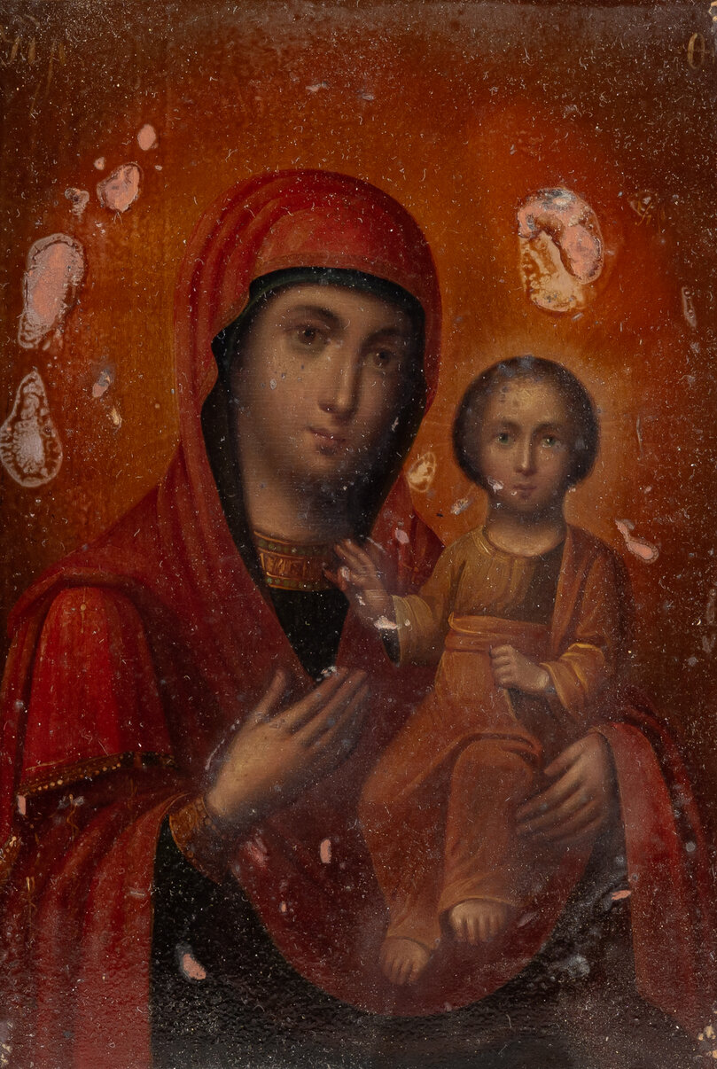 (С бриллиантами) Икона «Богоматерь Казанская» в серебряном окладе, инкрустированном бриллиантами. «В  старинном киоте». <br>Россия, Москва, мастер-монограммист «ФС», 1853.