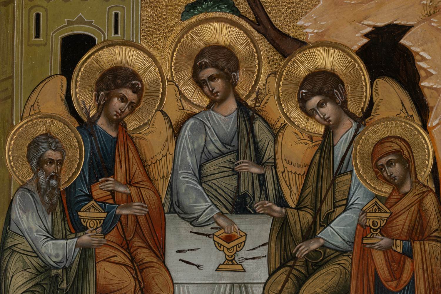 Икона «Святая Троица Ветхозаветная» («Гостеприимство Авраама»).
Россия, мстерский мастер в Москве, начало ХХ века.