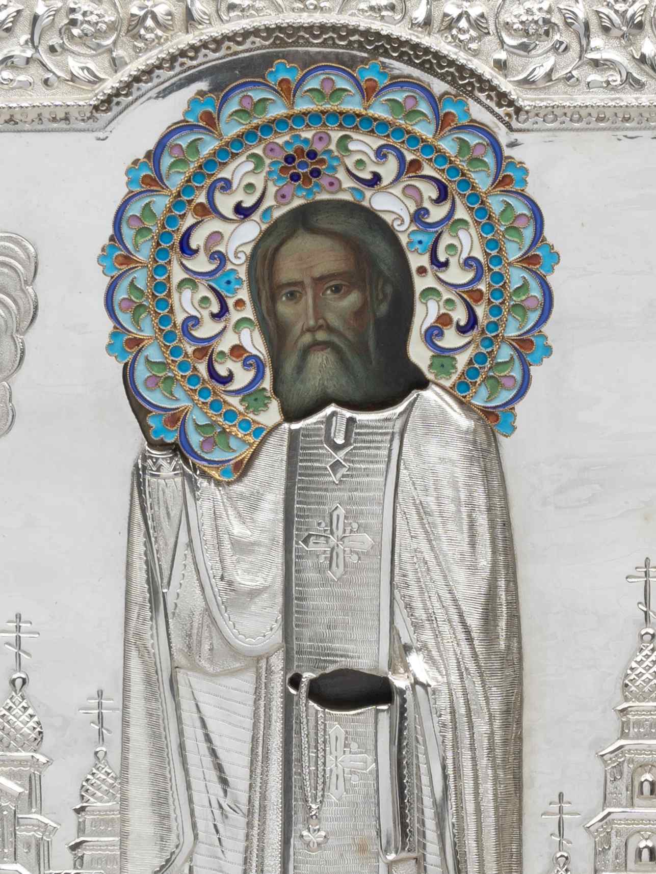Икона «Преподобный Серафим Саровский» в окладе с эмалью.
Москва, начало XX в.