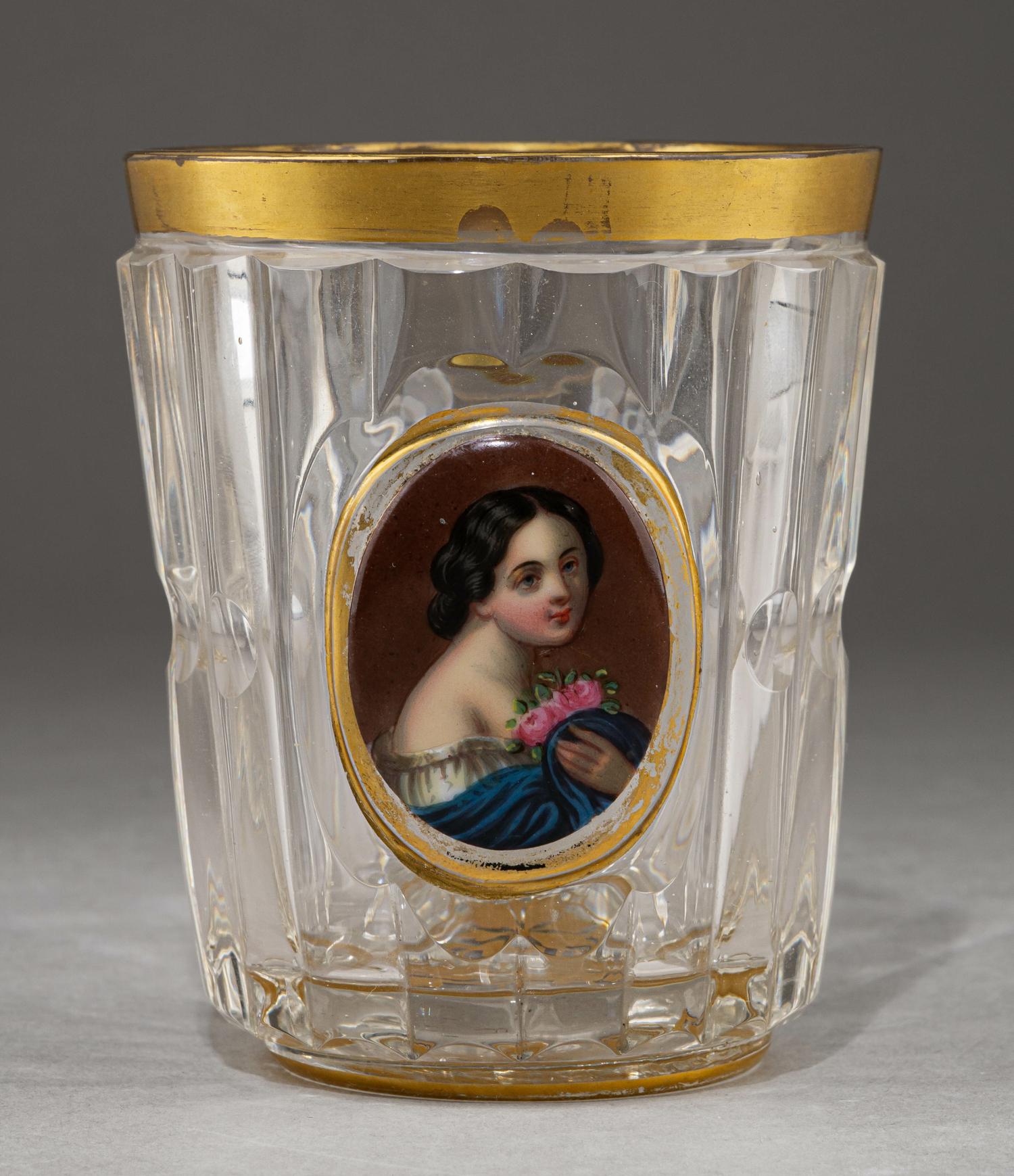 Графин и стакан с портретами красавиц. 
Россия(?), середина XIX века.