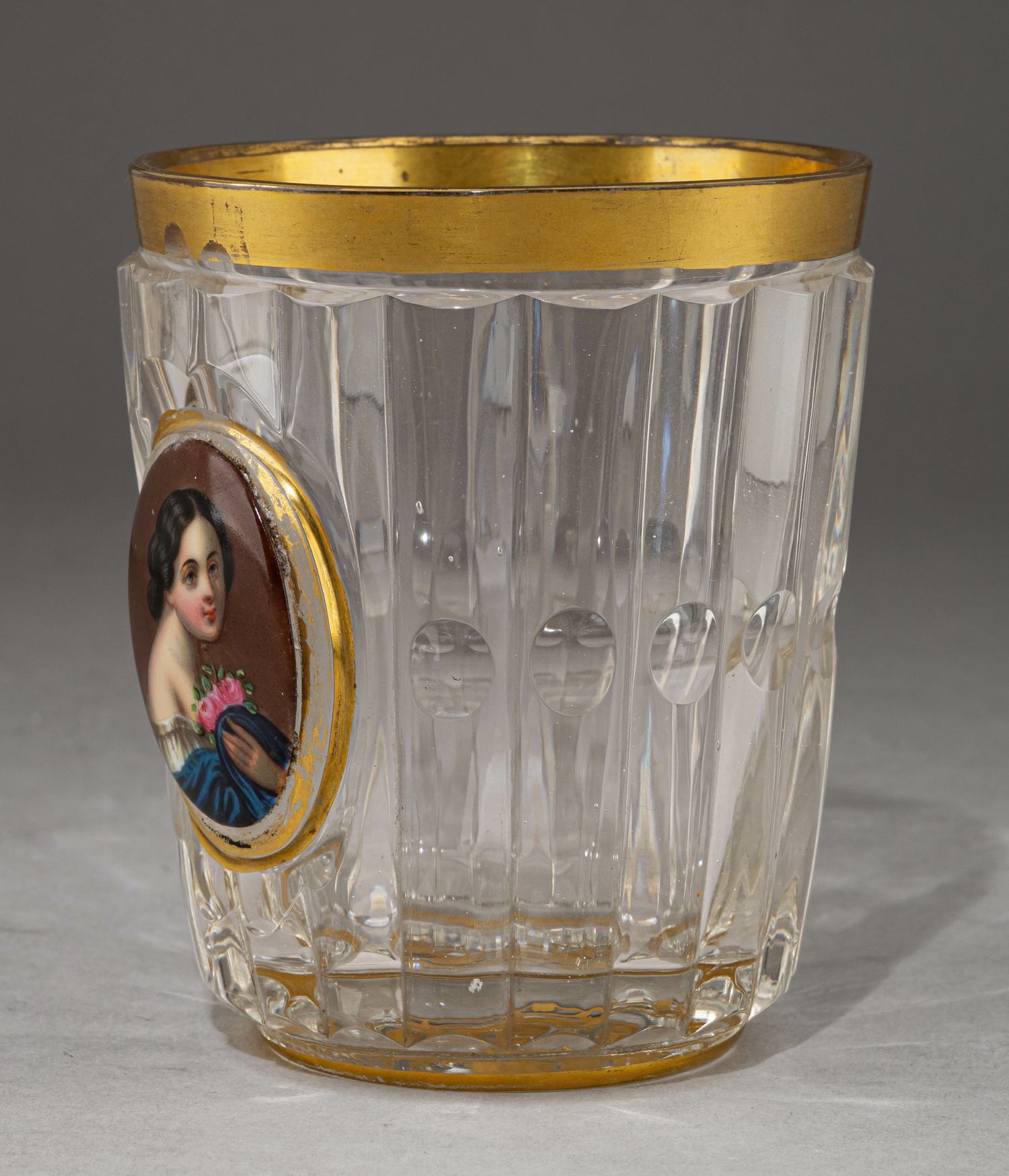 Графин и стакан с портретами красавиц. 
Россия(?), середина XIX века.