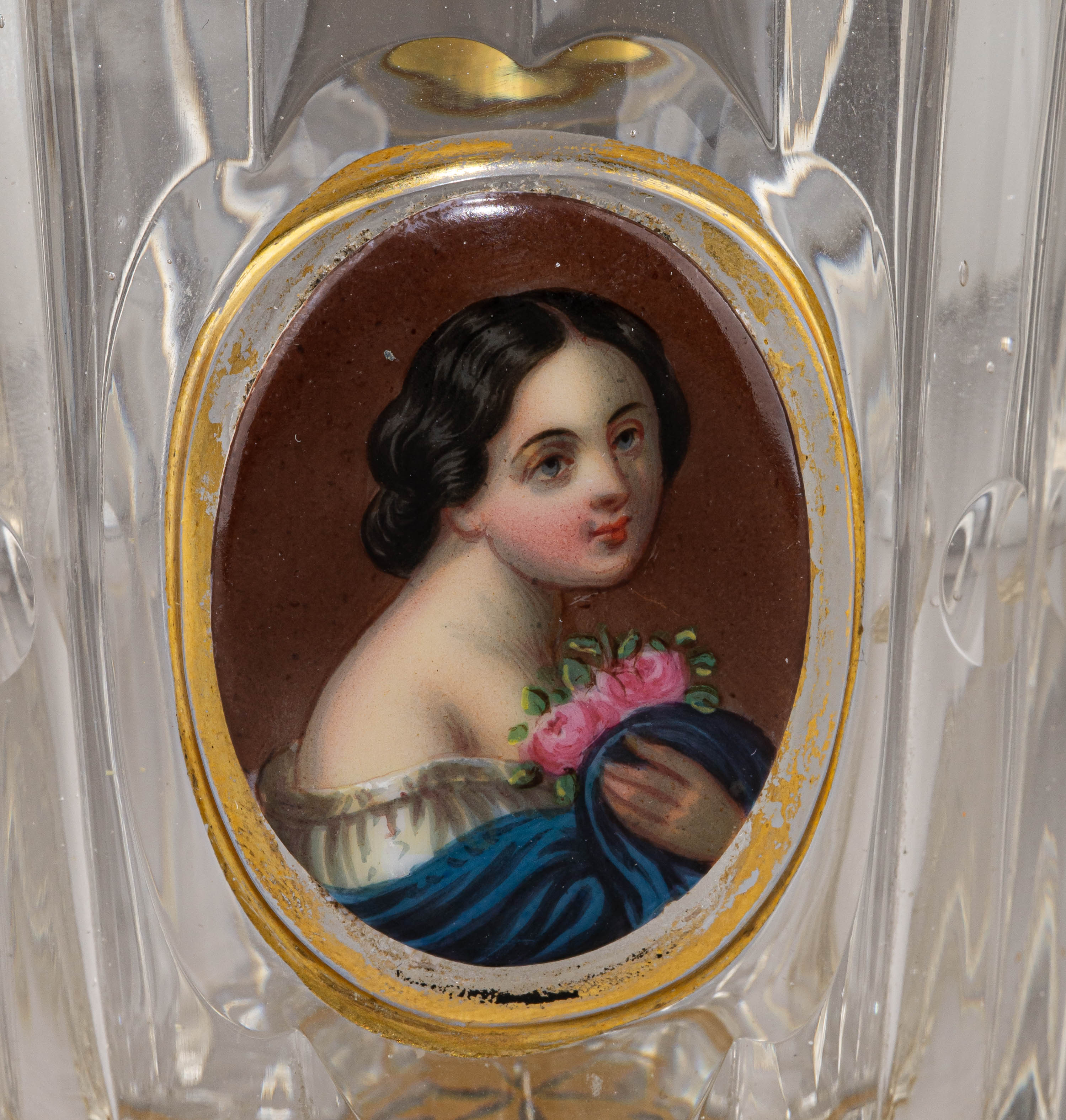 Графин и стакан с портретами красавиц. 
Россия(?), середина XIX века.