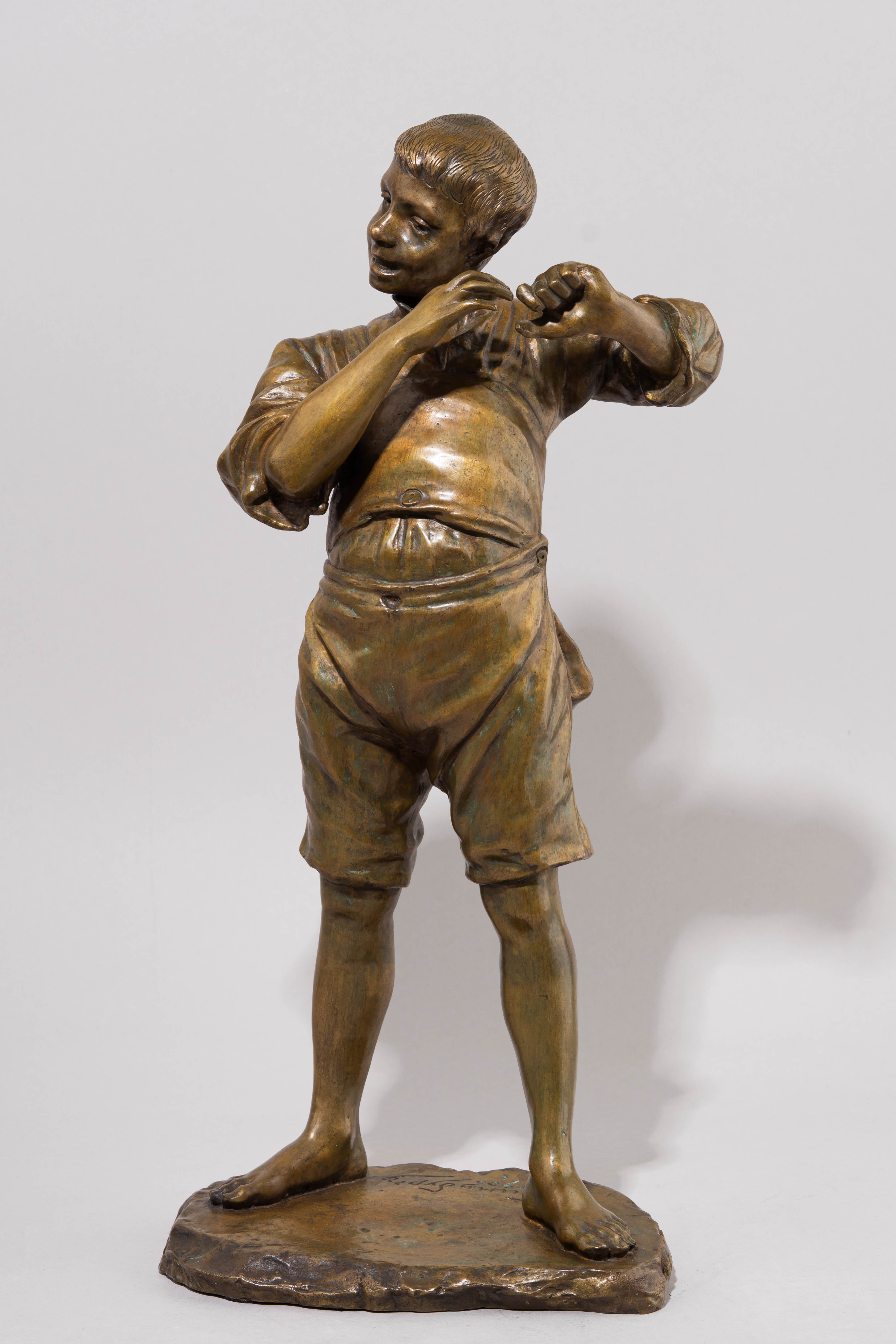 (Золотая медаль на Всемирной выставке в Париже. С экспертизой.) Скульптура «Молодой музыкант» («Мальчик, играющий на струне»).
Россия, Санкт-Петербург, Завод художественной бронзы К.Ф. Верфеля, скульптор  – И. Я. Гинцбургъ, 1906.