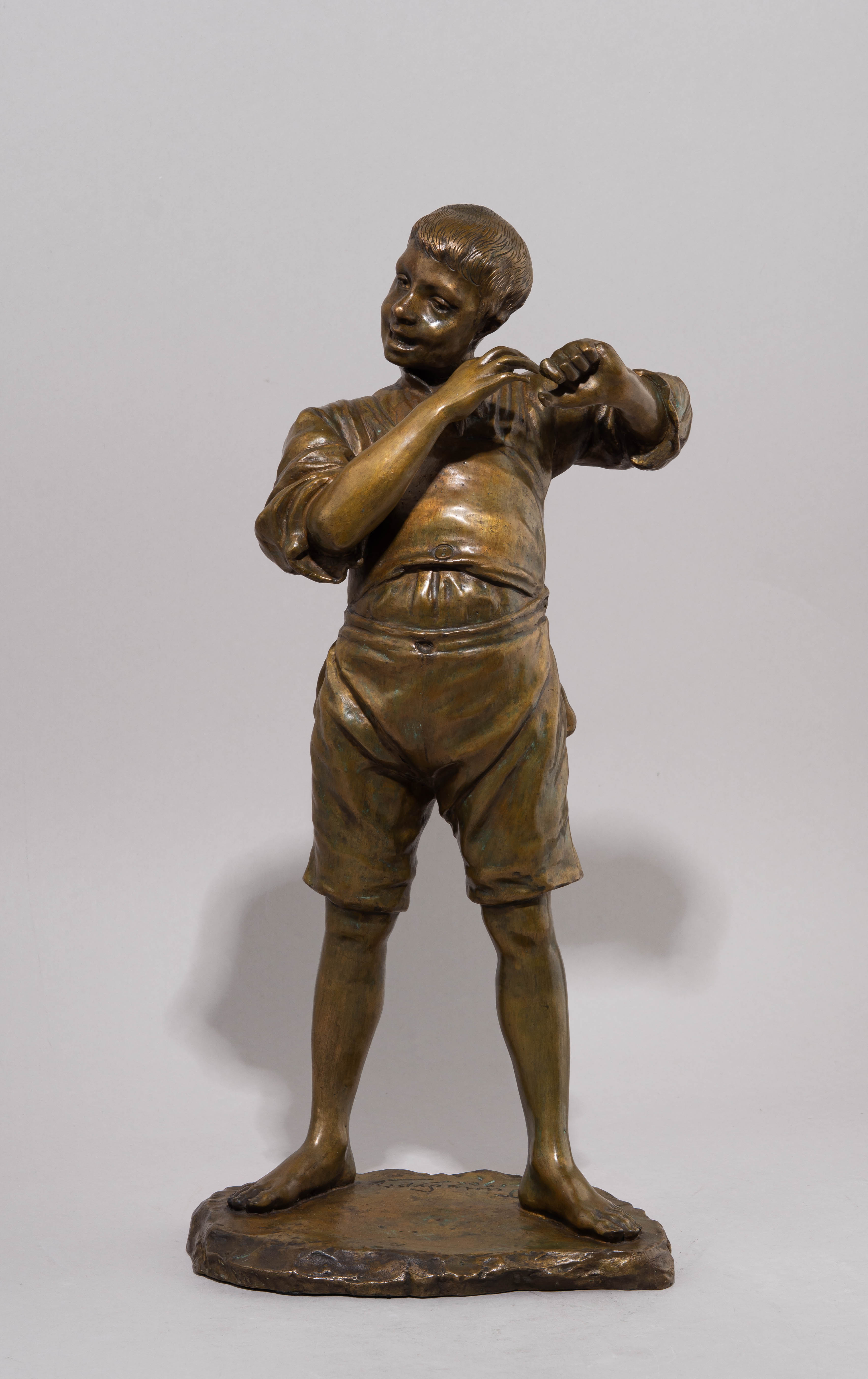 (Золотая медаль на Всемирной выставке в Париже. С экспертизой.) Скульптура «Молодой музыкант» («Мальчик, играющий на струне»).
Россия, Санкт-Петербург, Завод художественной бронзы К.Ф. Верфеля, скульптор  – И. Я. Гинцбургъ, 1906.