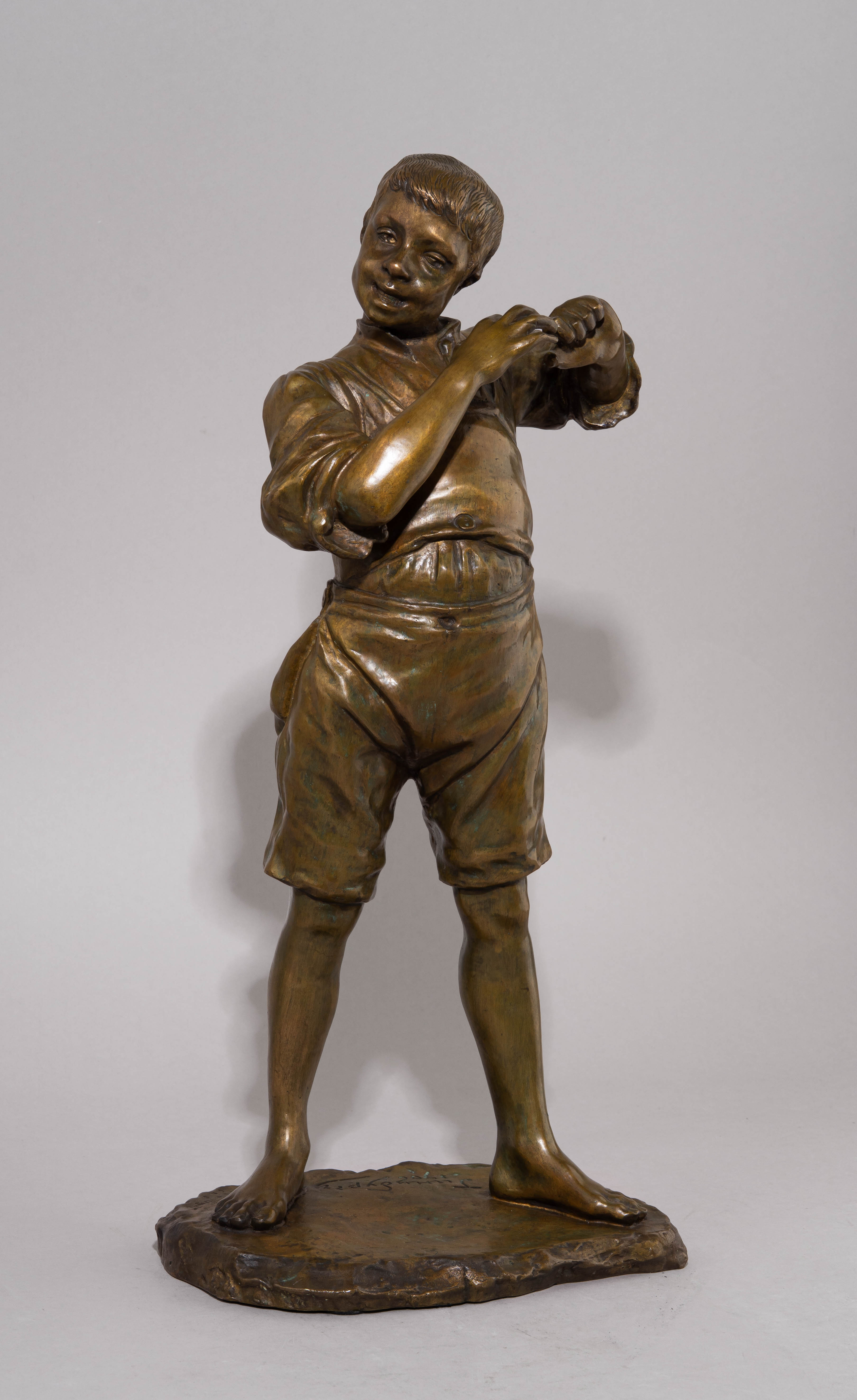 (Золотая медаль на Всемирной выставке в Париже. С экспертизой.) Скульптура «Молодой музыкант» («Мальчик, играющий на струне»).
Россия, Санкт-Петербург, Завод художественной бронзы К.Ф. Верфеля, скульптор  – И. Я. Гинцбургъ, 1906.