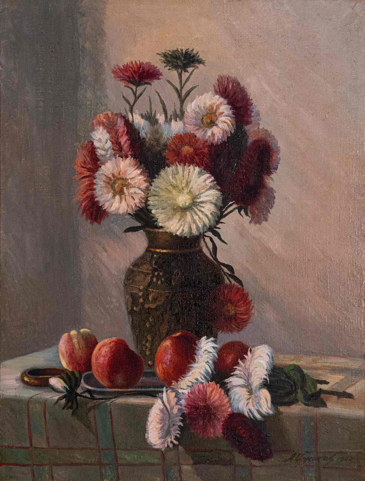 Неизвестный художник (А. Ижиков по подписи). Натюрморт с астрами и георгинами. 1962 г.